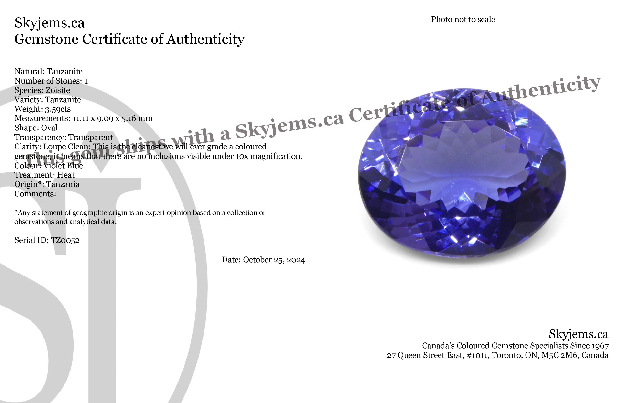 SkyJems 3.59ct Oval Violet Blue Tanzanite gemstone from Tanzania, premium quality rare zoisite with intense color