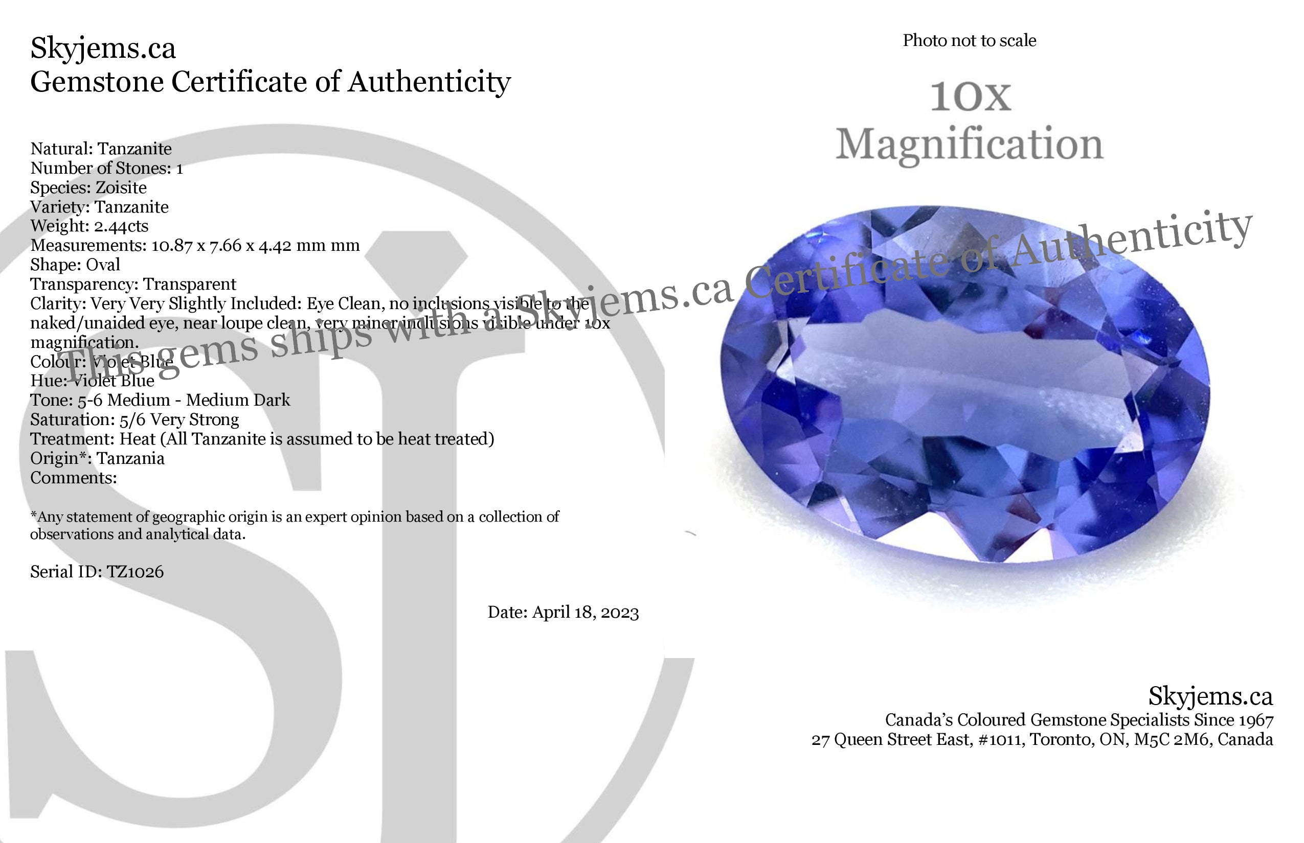 2.44ct Oval Violet Blue Tanzanite from Tanzania, premium single gemstone by SkyJems Canadian gem specialists