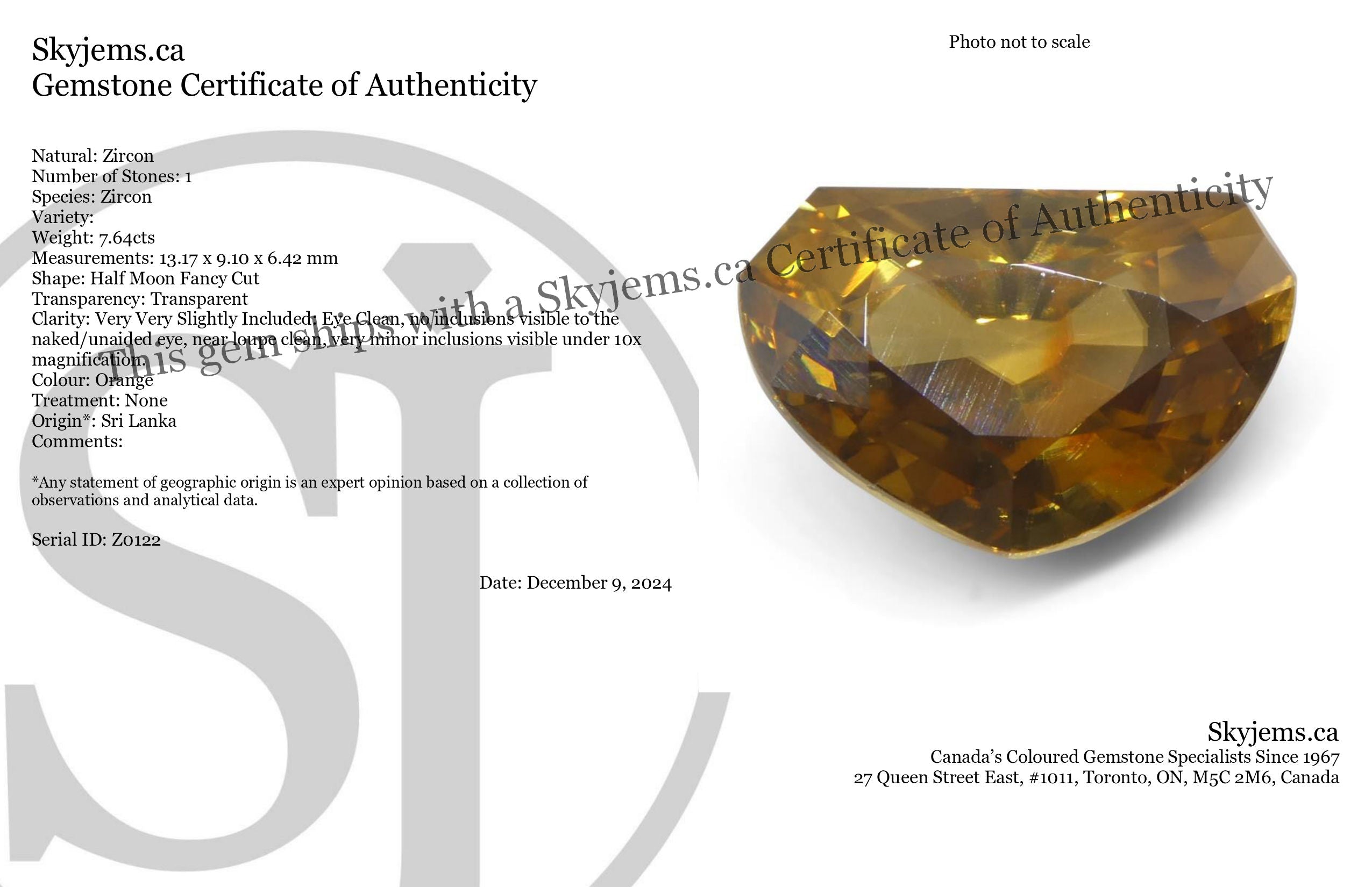 7.64ct Natural Earth Mined Half Moon Fancy Cut Orange Zircon from Sri Lanka - Skyjems Wholesale Gemstones