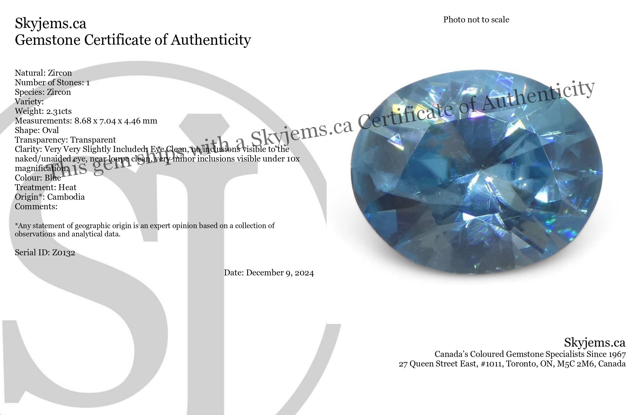 2.31ct Natural Earth Mined Oval Master Brilliant Cut Blue Zircon from Cambodia - Skyjems Wholesale Gemstones