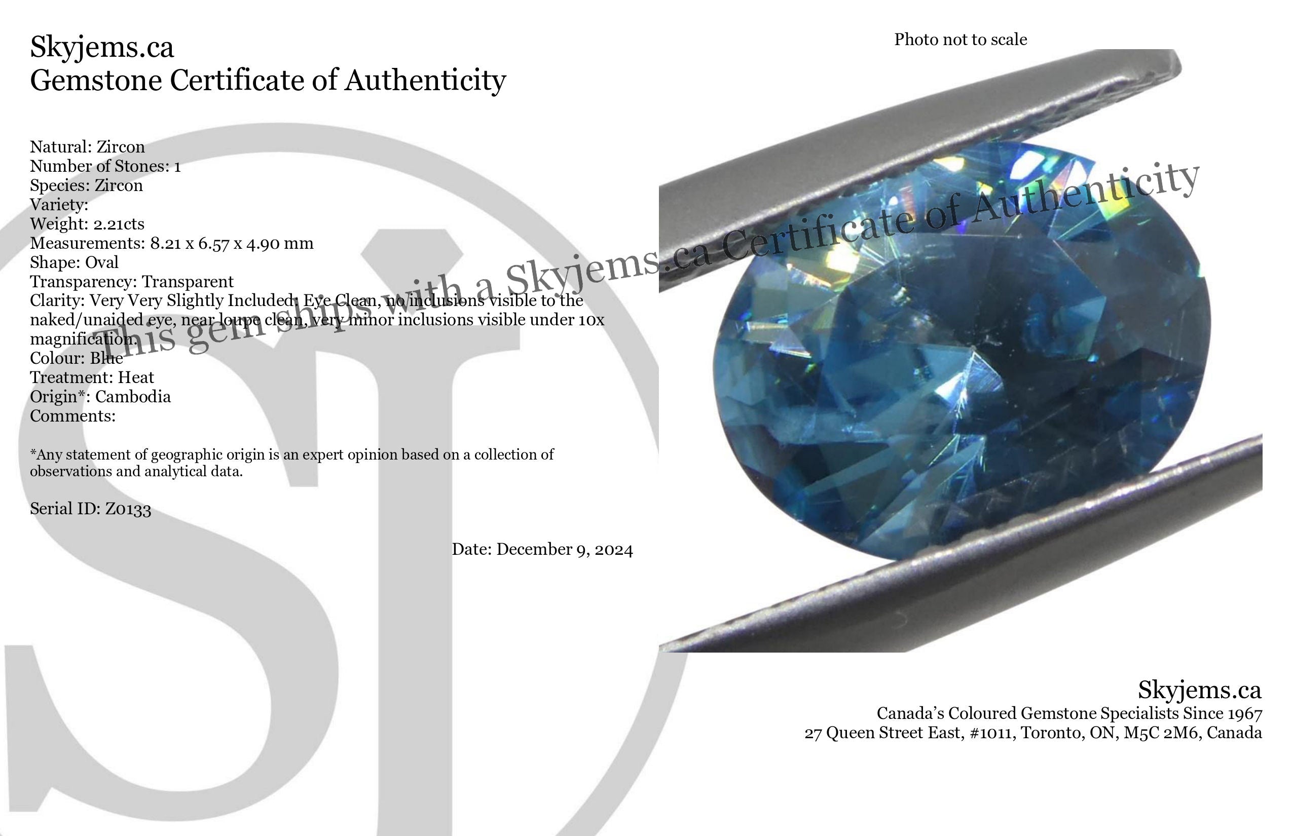 2.21ct Natural Earth Mined Oval Master Brilliant Cut Blue Zircon from Cambodia - Skyjems Wholesale Gemstones