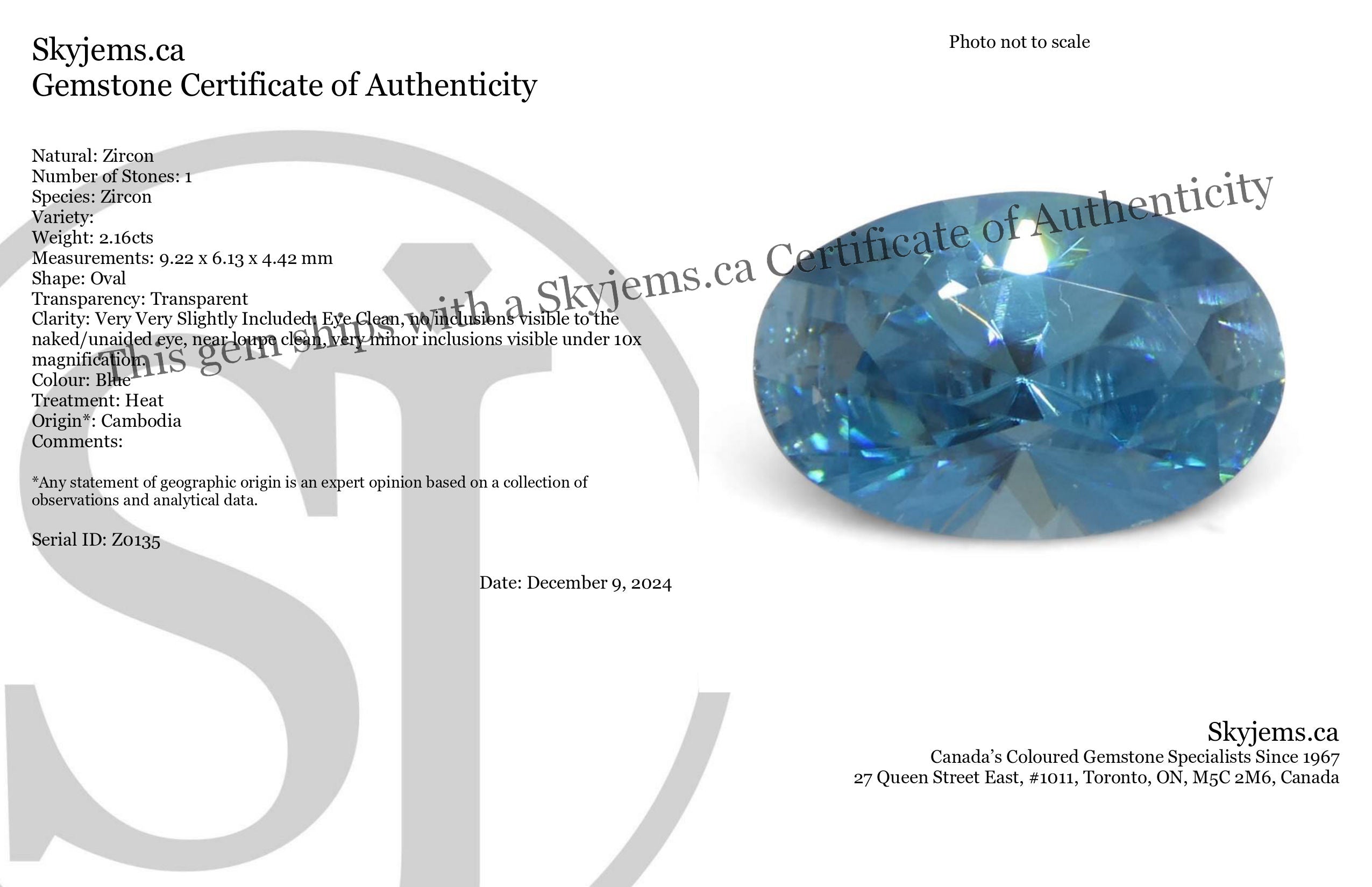 2.16ct Natural Earth Mined Oval Master Brilliant Cut Blue Zircon from Cambodia - Skyjems Wholesale Gemstones