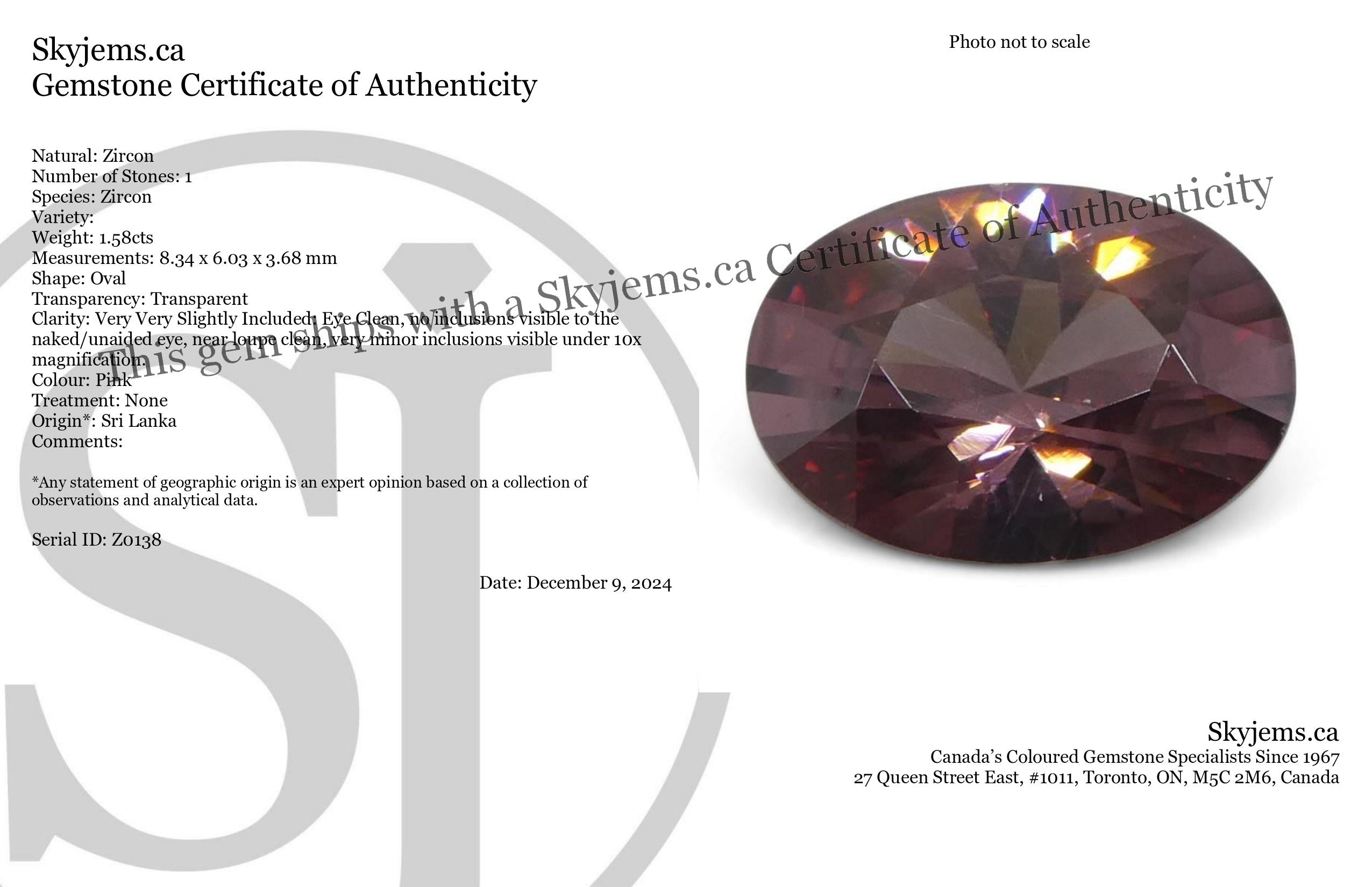 1.58ct Natural Earth Mined Oval Master Brilliant Cut Pink Zircon from Sri Lanka - Skyjems Wholesale Gemstones