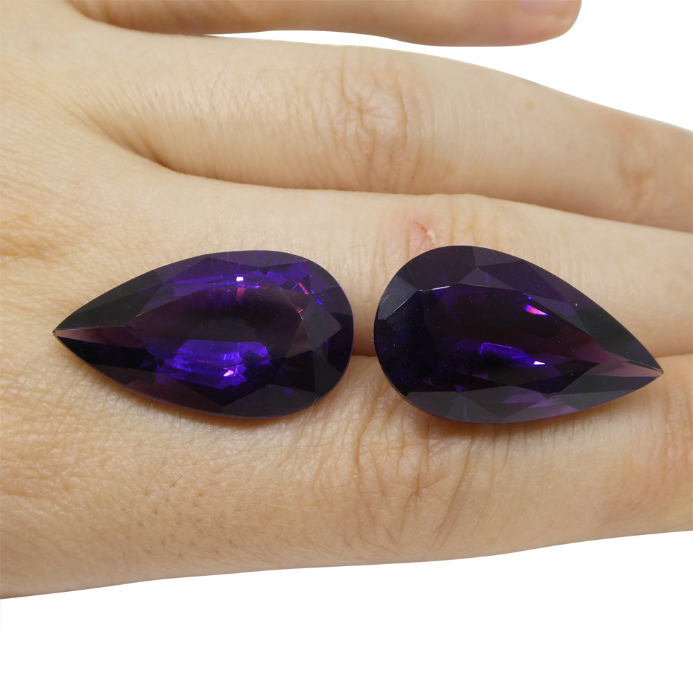 SkyJems 36.72ct Pear Purple Amethyst Pair from Uruguay, premium wholesale gemstone with vivid color and matching cut