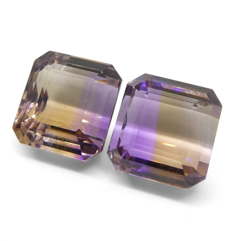 SkyJems 49.73 ct Bolivian Ametrine Pair: Rare Yellow and Purple Emerald Cut Gemstone Duo