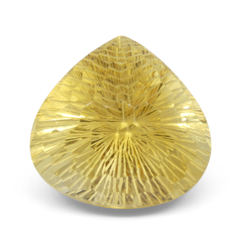 Large 65.36 carat Brazilian yellow citrine pear-cut gemstone with honeycomb starburst pattern from SkyJems Canadian gem speci