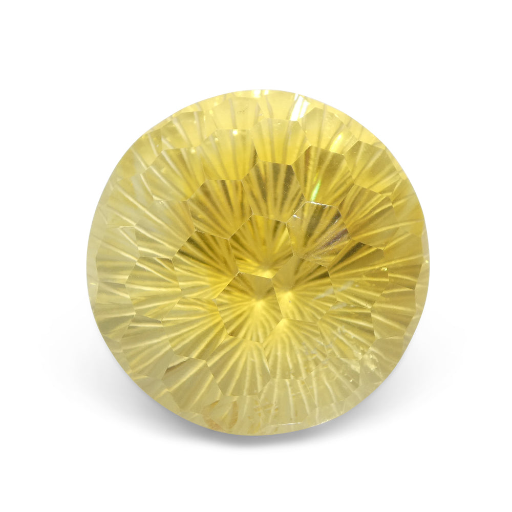 Large 36.26ct round yellow Brazilian citrine with honeycomb starburst cut, brilliant gem from SkyJems Canadian gemstone speci