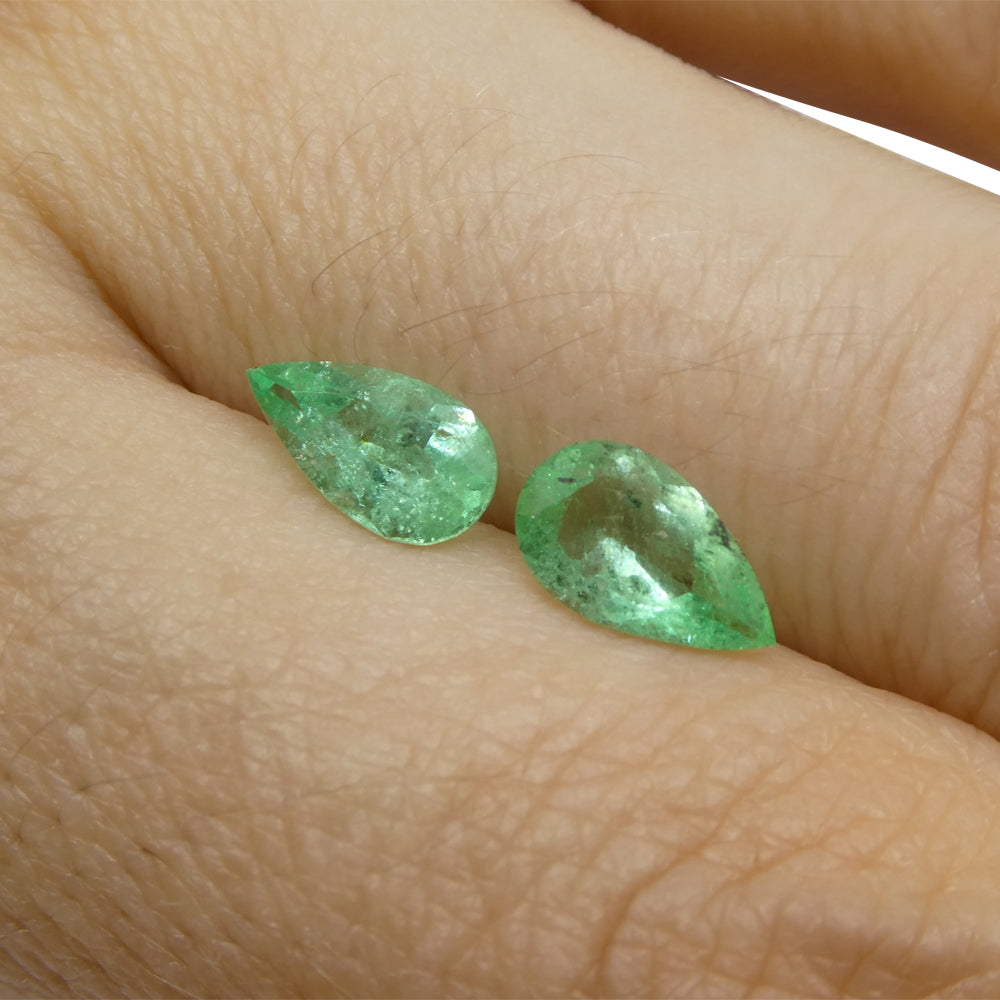 1.29ct Colombian Green Emerald Pear Pair from SkyJems, premium green beryl gemstone with moderate clarity