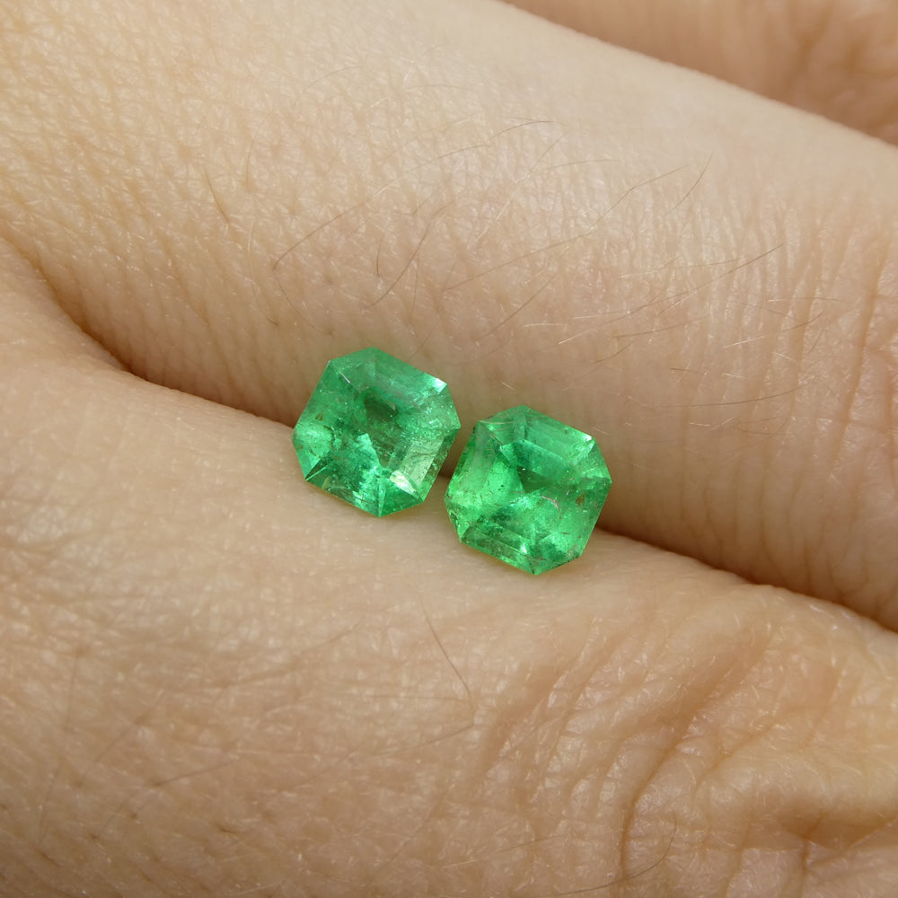 SkyJems Colombian Green Emerald Pair: 1.02ct Square Step Cut Gemstone with Vibrant Bluish-Green Hue