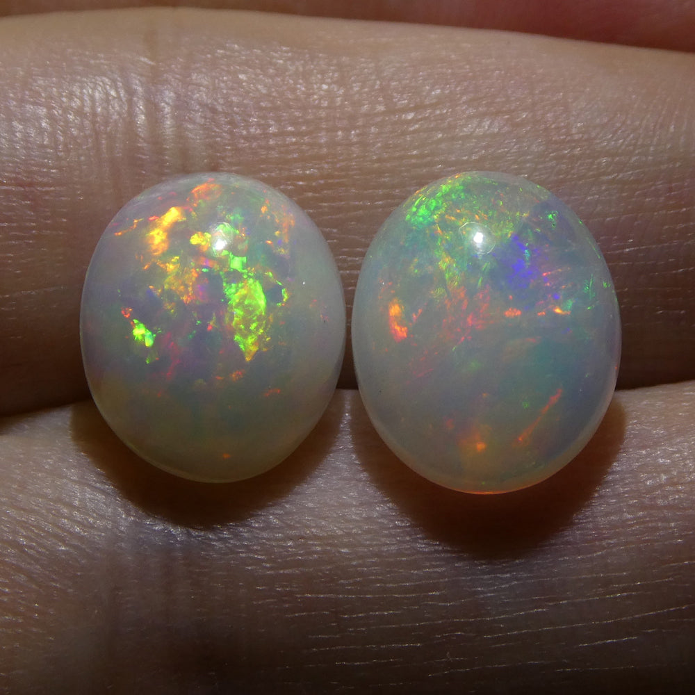 SkyJems 7.14ct Ethiopian Crystal Opal Pair: Vibrant Oval Cabochon Gemstones with Multicolor Play of Colour