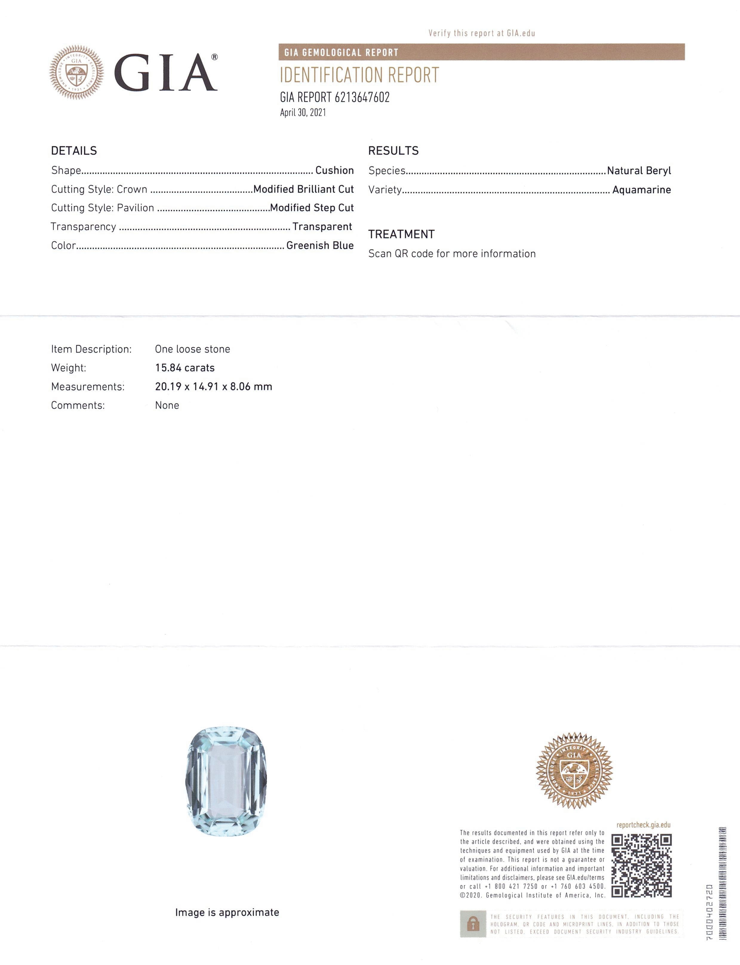15.84ct Brazilian Greenish Blue Cushion Aquamarine, GIA Certified Natural Beryl from SkyJems Gemstones