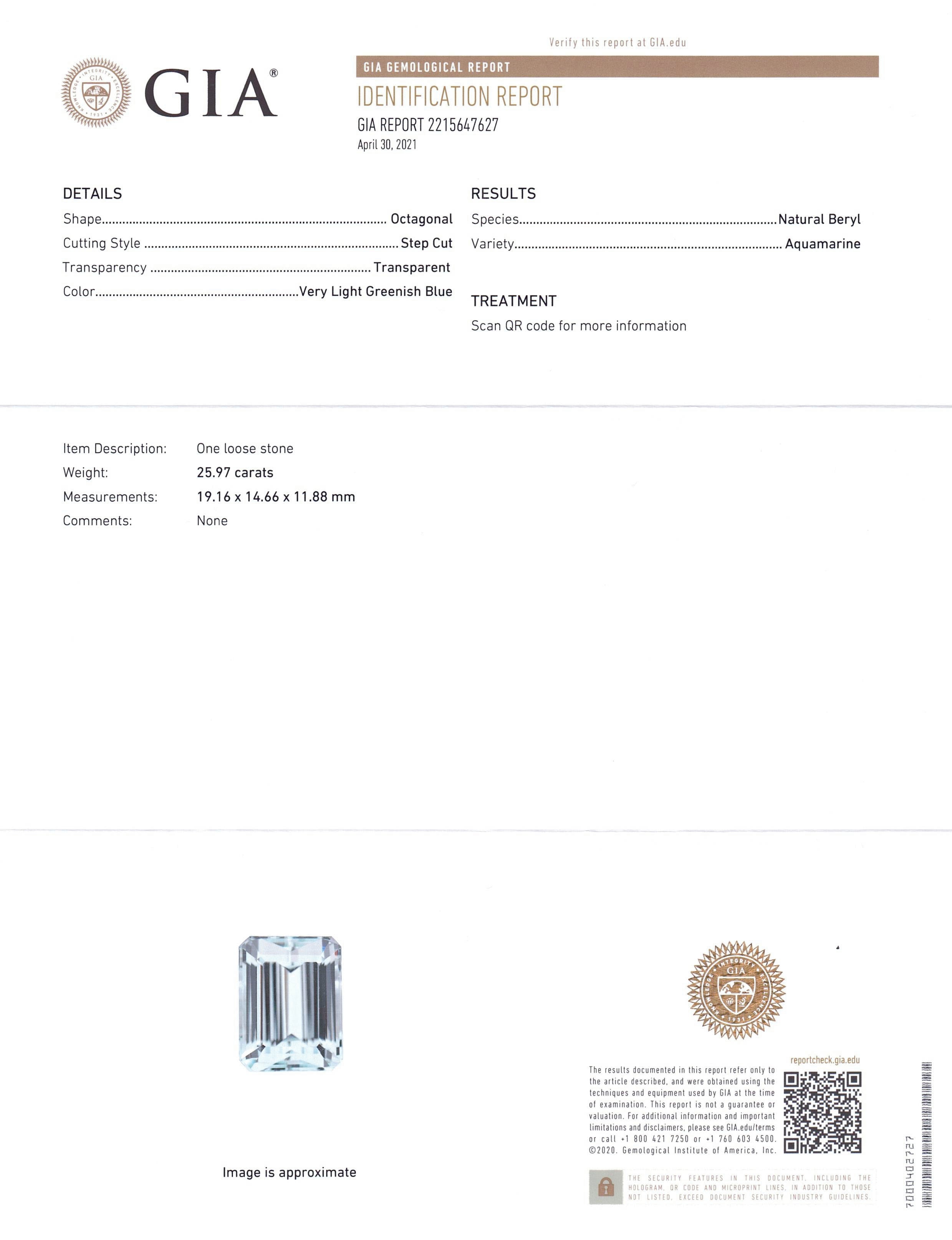 25.97ct Octagonal/Emerald Cut Aquamarine GIA Certified - Skyjems Wholesale Gemstones