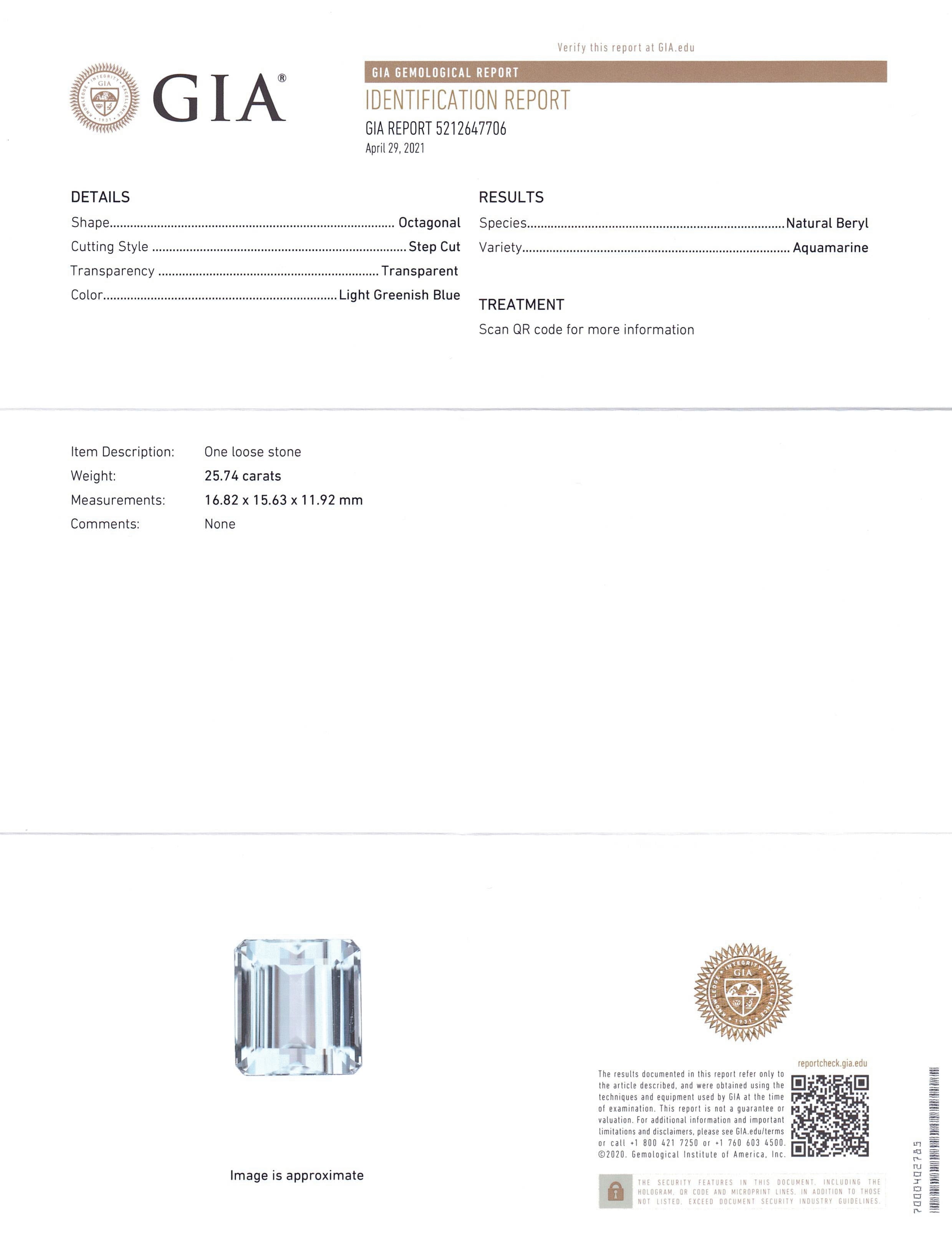 25.74ct Octagonal/Emerald Cut Aquamarine GIA Certified - Skyjems Wholesale Gemstones