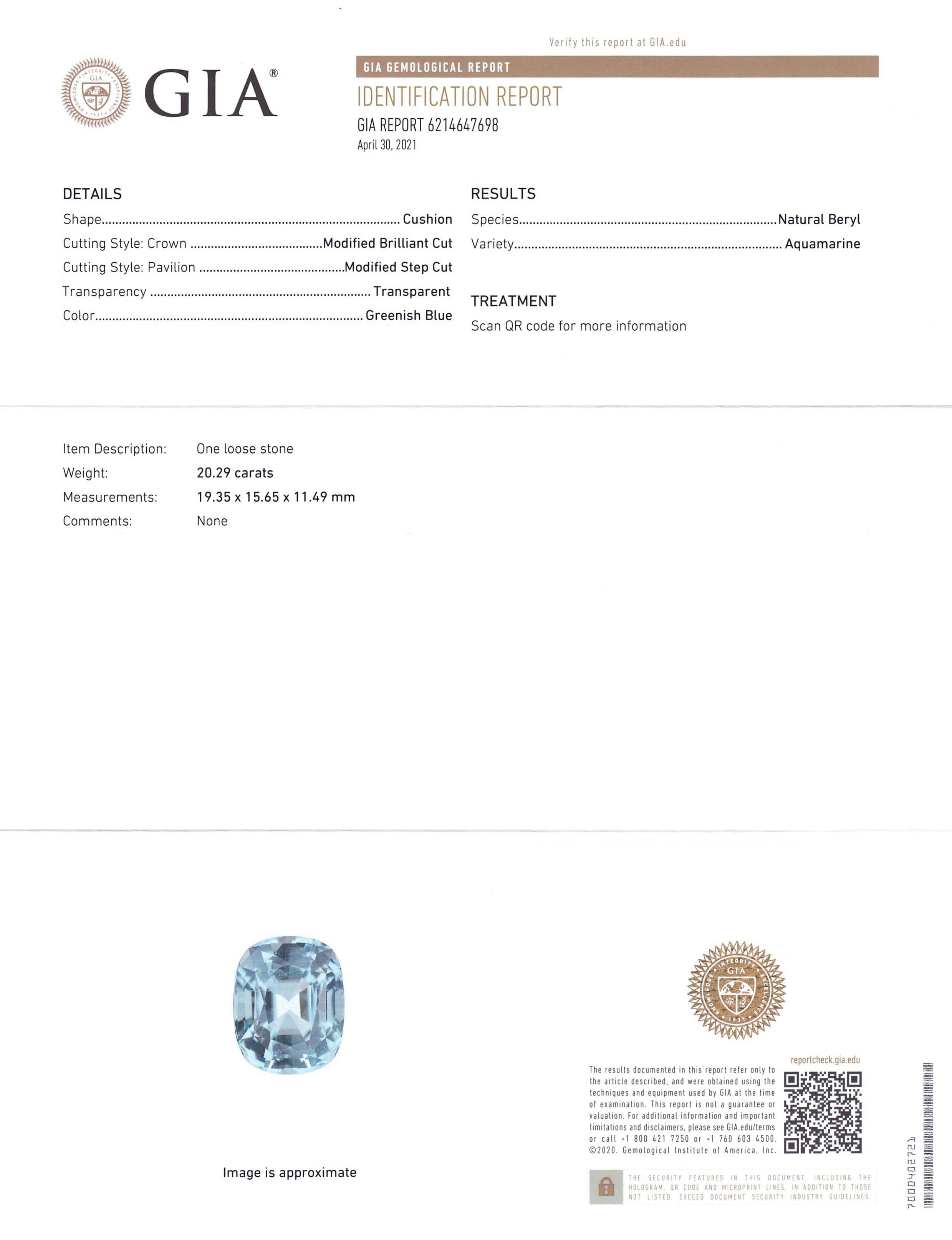 20.29ct Brazilian Bluish Green Cushion Aquamarine, GIA Certified Natural Beryl from SkyJems Gemstones Canada