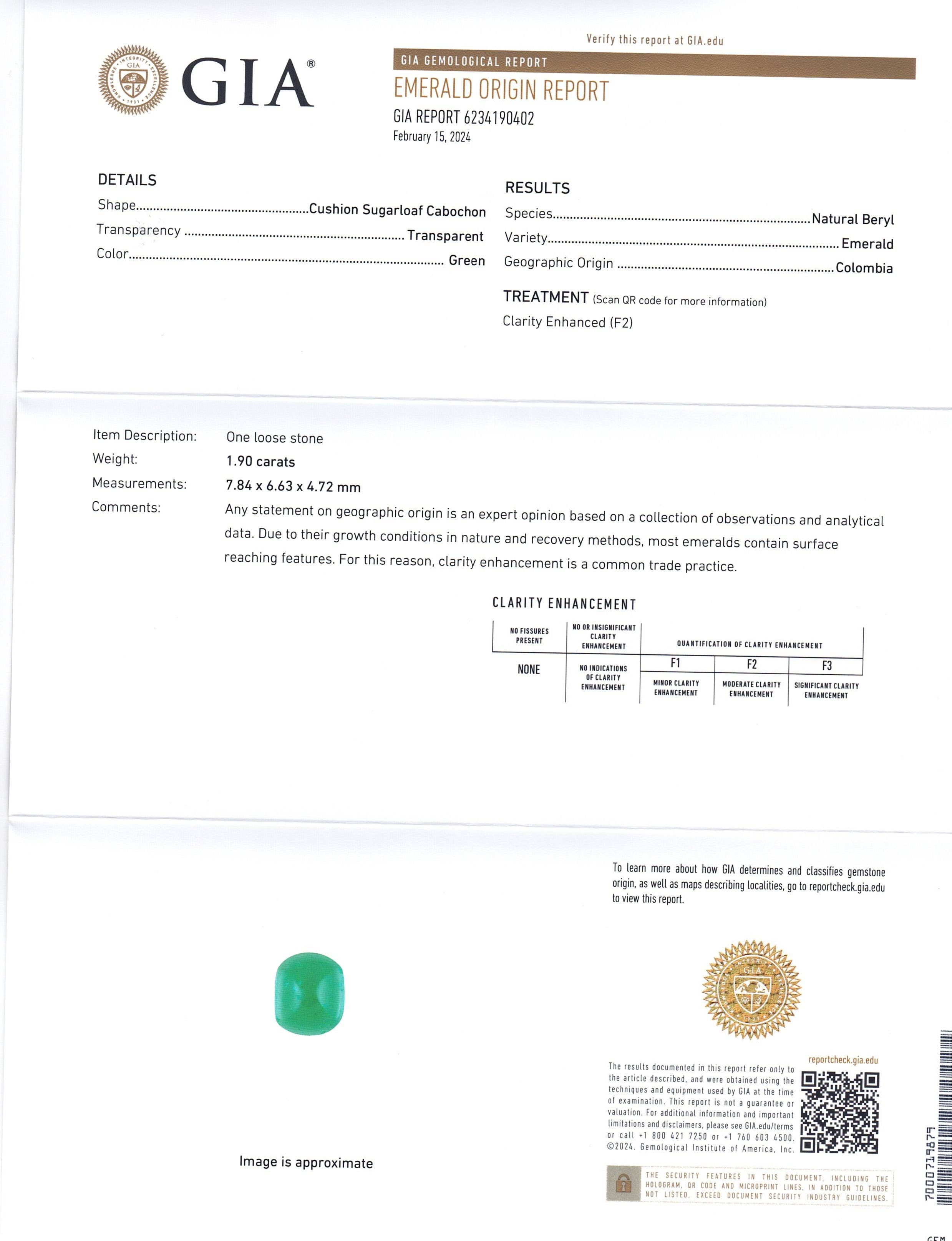1.9ct Cushion Sugarloaf Cabochon Green Emerald GIA Certified Colombia - Skyjems Wholesale Gemstones