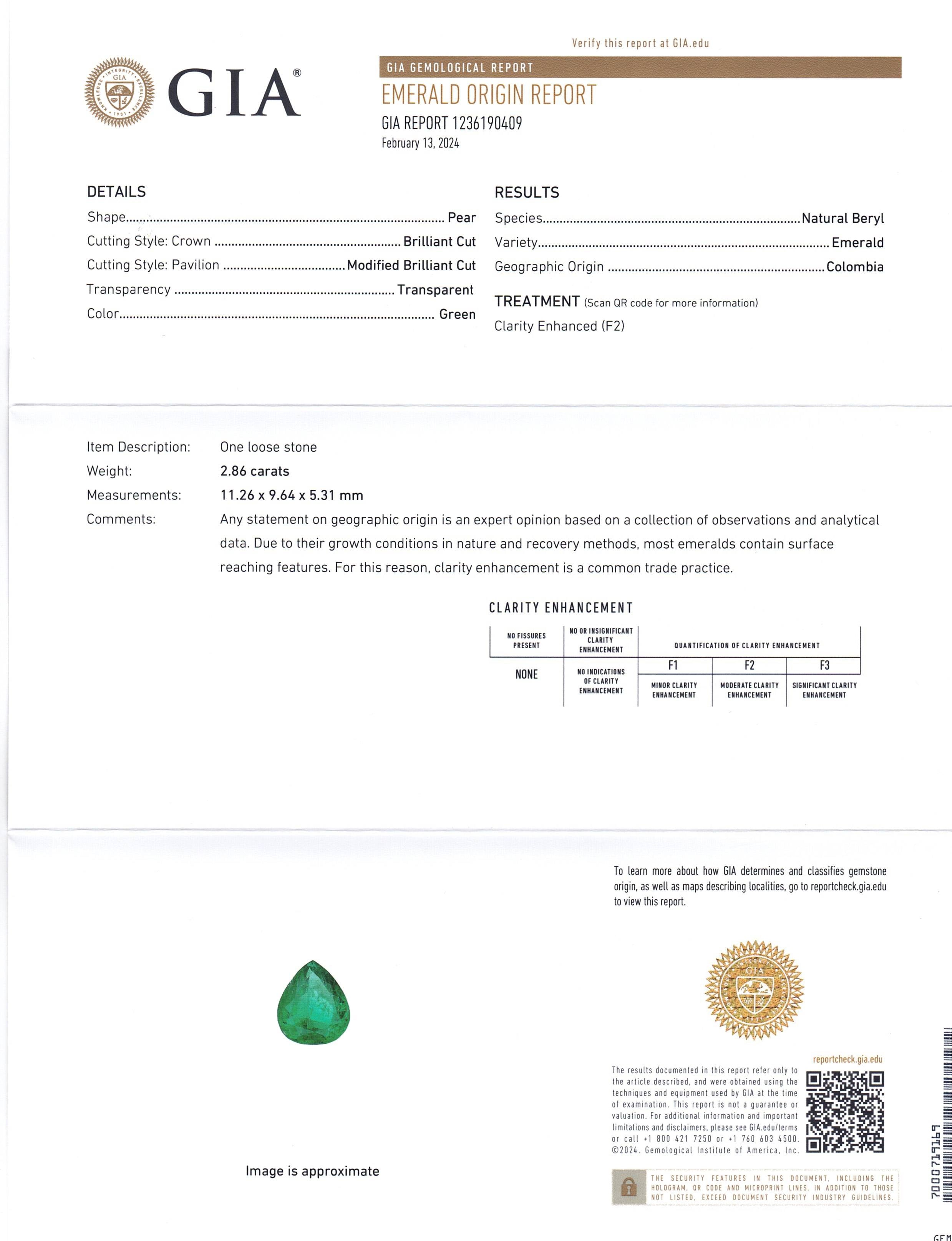 2.86ct Colombian Vivid Green Pear Emerald, GIA Certified Natural Beryl from SkyJems Gemstones Canada