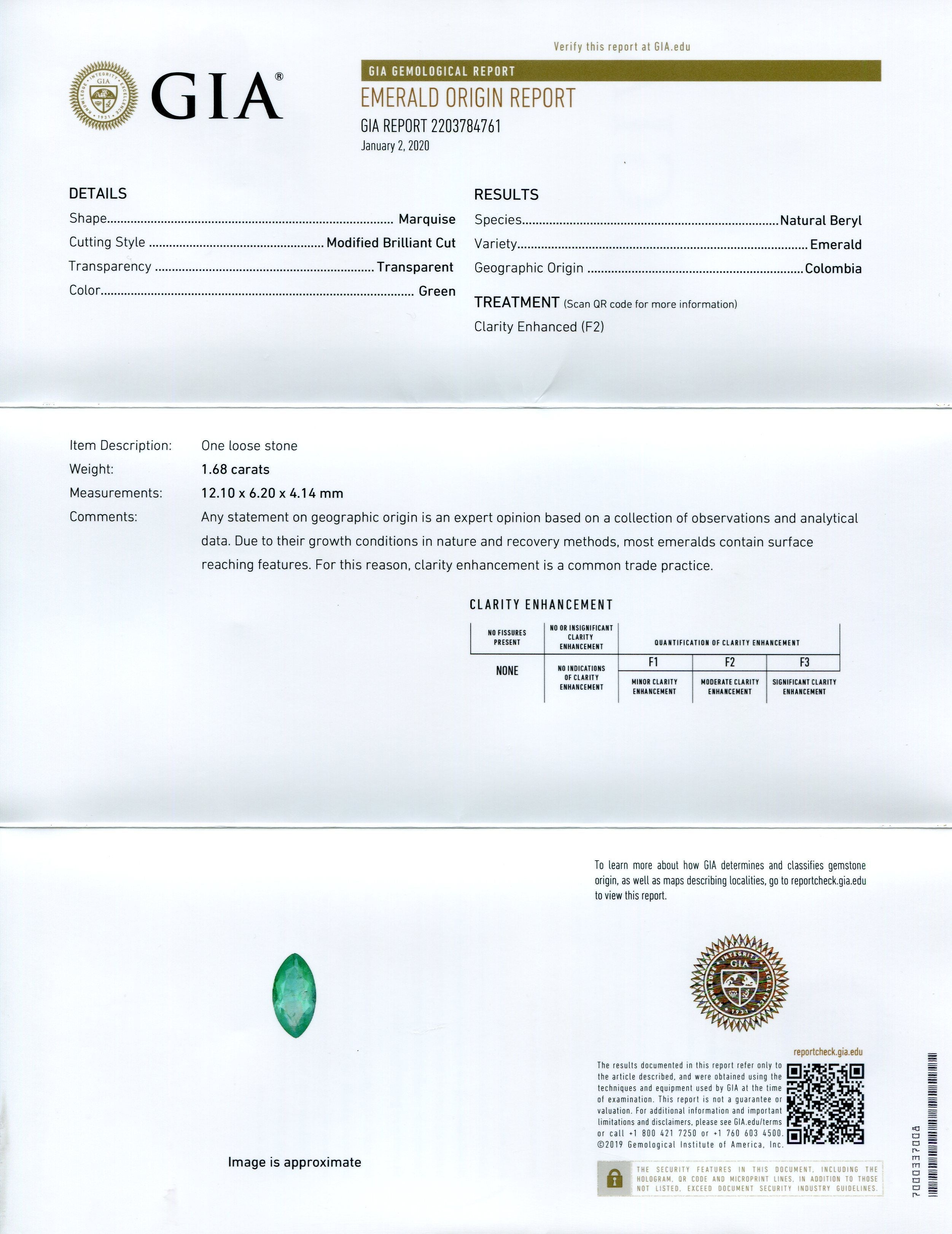 1.68 ct Colombian Emerald, vivid green marquise cut, GIA certified natural beryl from SkyJems premium gemstone collection
