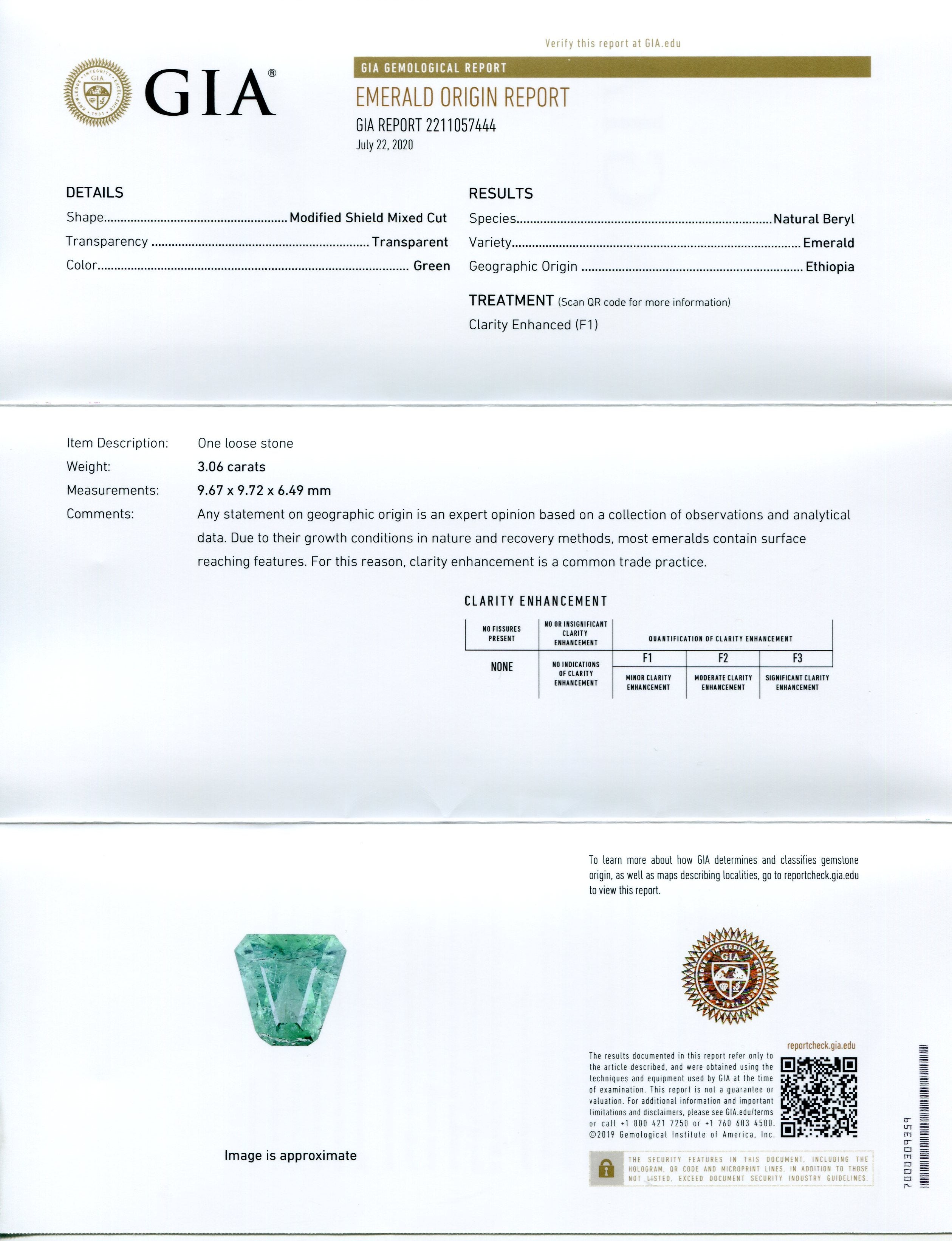 3.06ct Shield Emerald GIA Certified Ethiopian F1/Minor - Skyjems Wholesale Gemstones