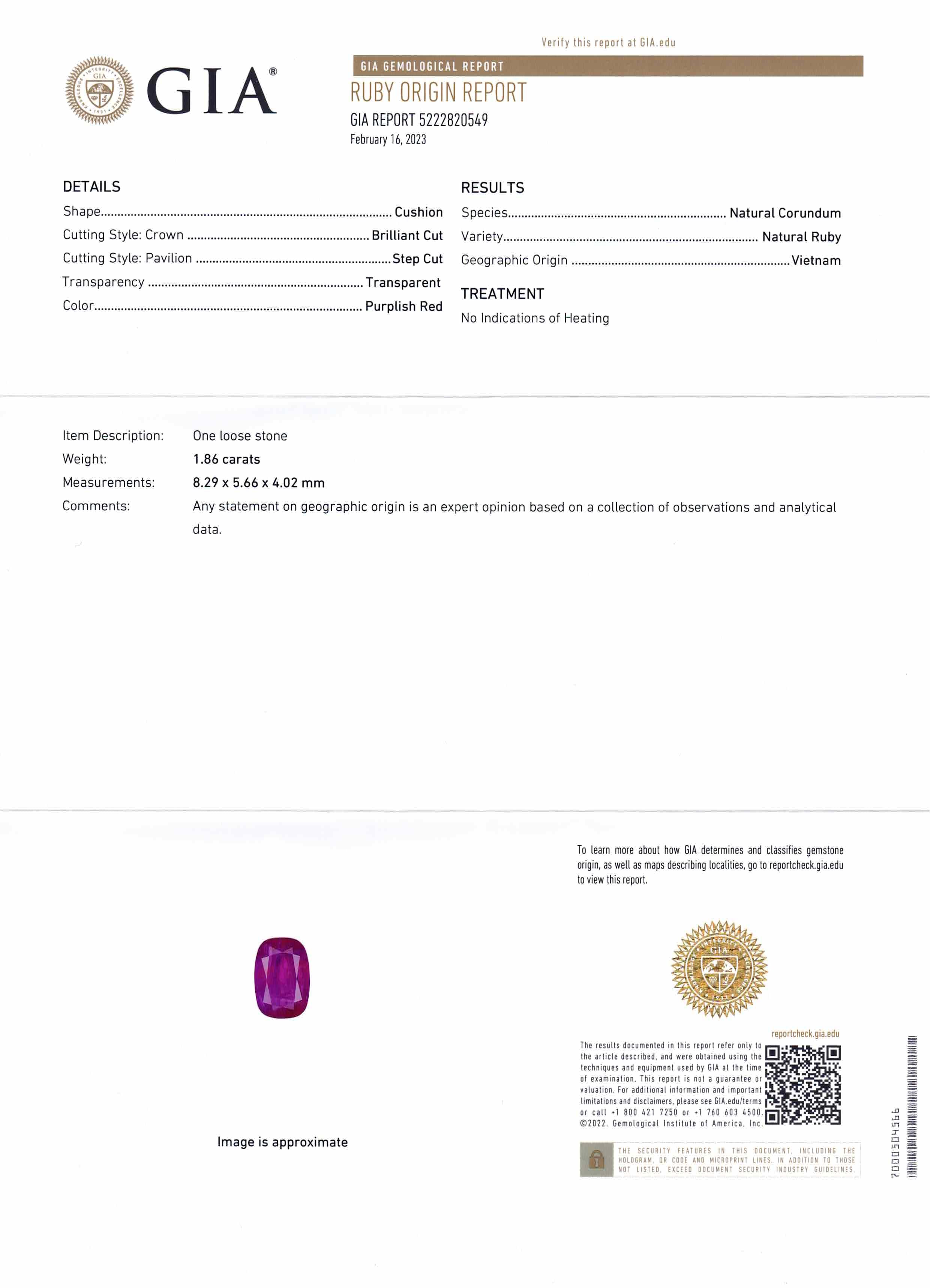 1.86ct Cushion Purplish Red Ruby GIA Certified Vietnam Unheated - Skyjems Wholesale Gemstones