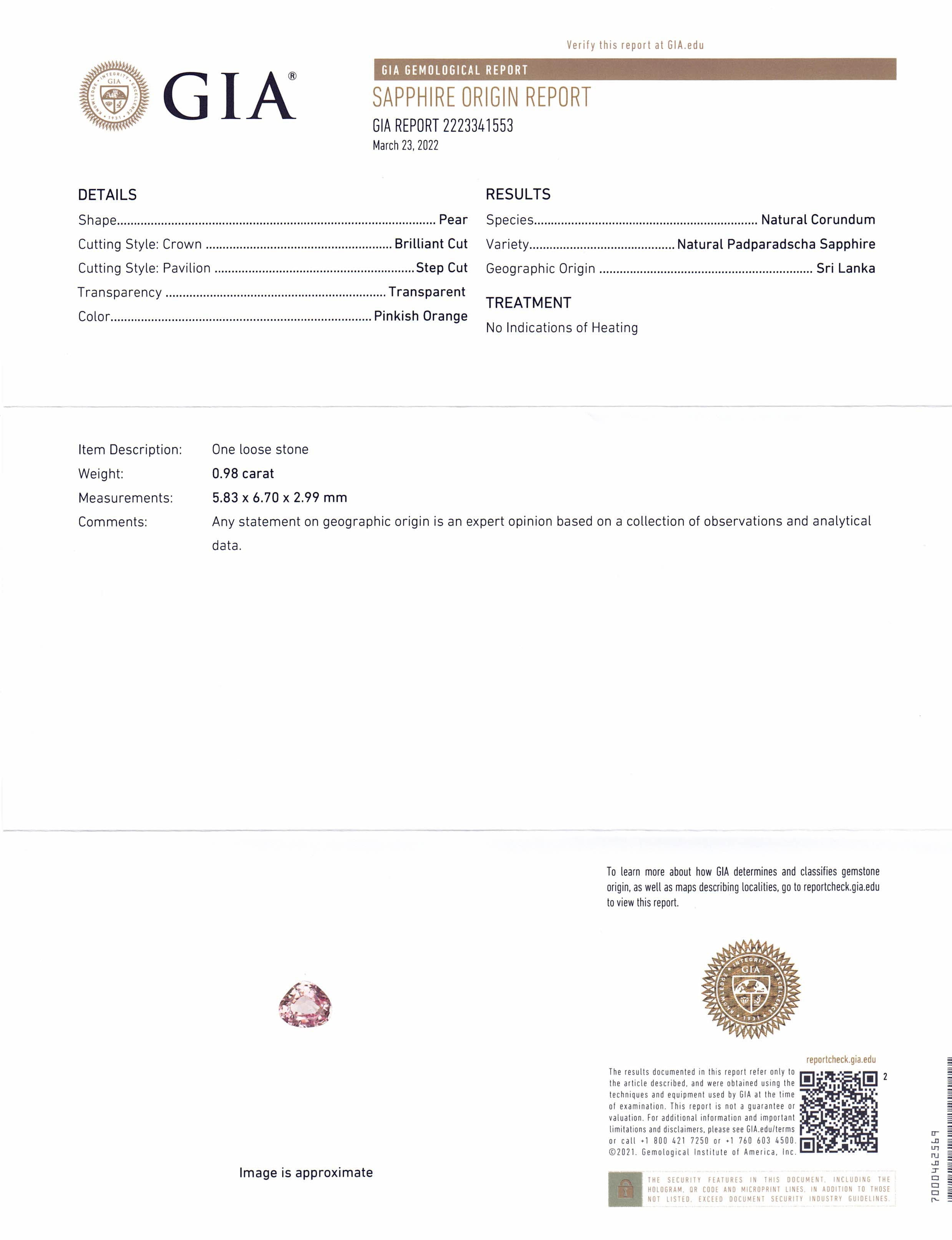 0.98ct Pear Pinkish Orange Padparadscha Sapphire GIA Certified Sri Lanka - Skyjems Wholesale Gemstones