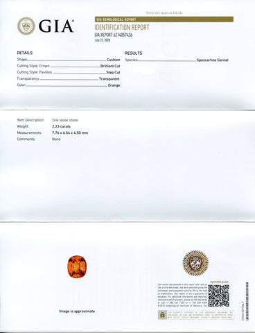 2.23ct Vivid Fanta Orange Spessartine/Spessartite Garnet Cushion, GIA Certified