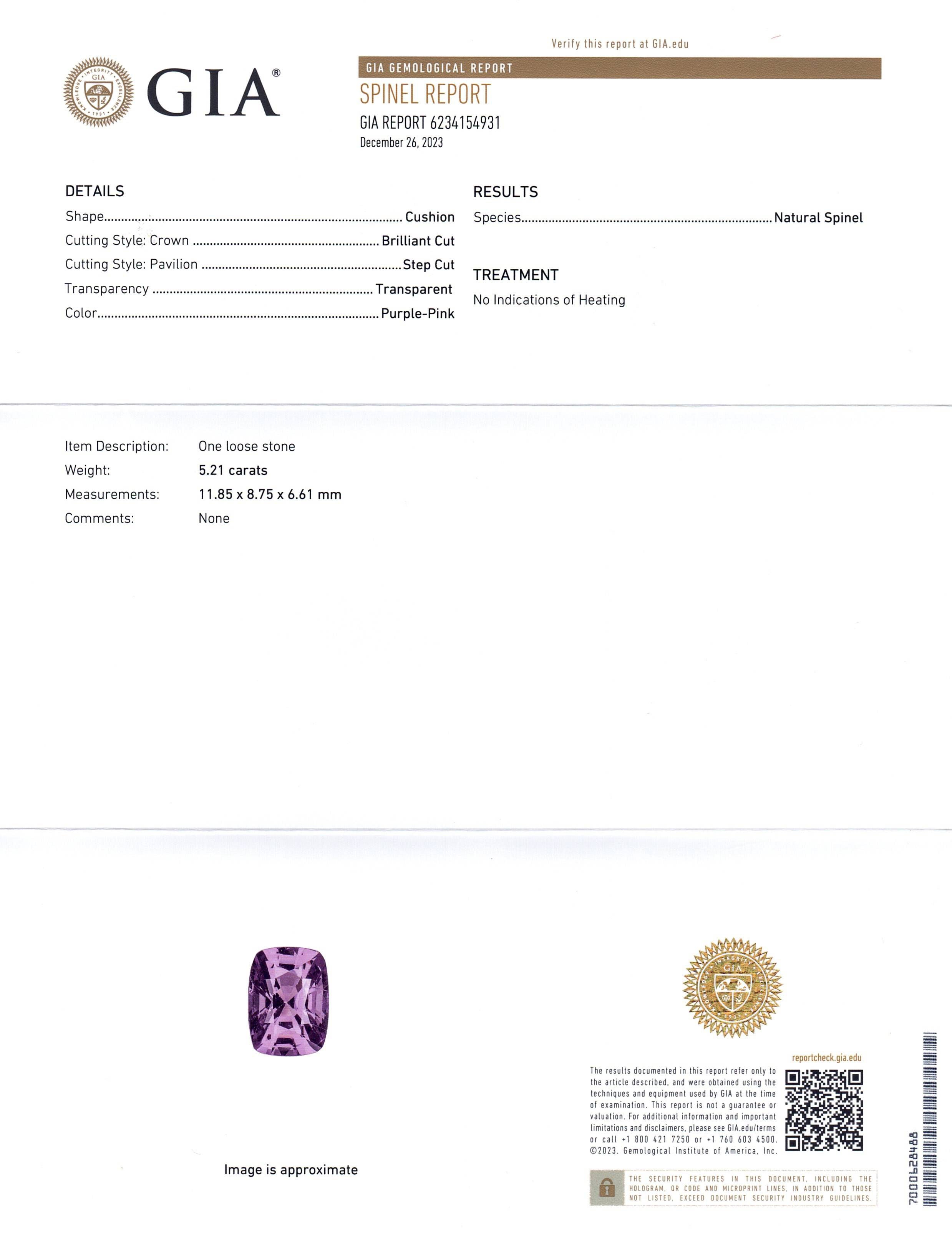 5.21ct Cushion Purple-Pink Spinel GIA Certified Unheated - Skyjems Wholesale Gemstones