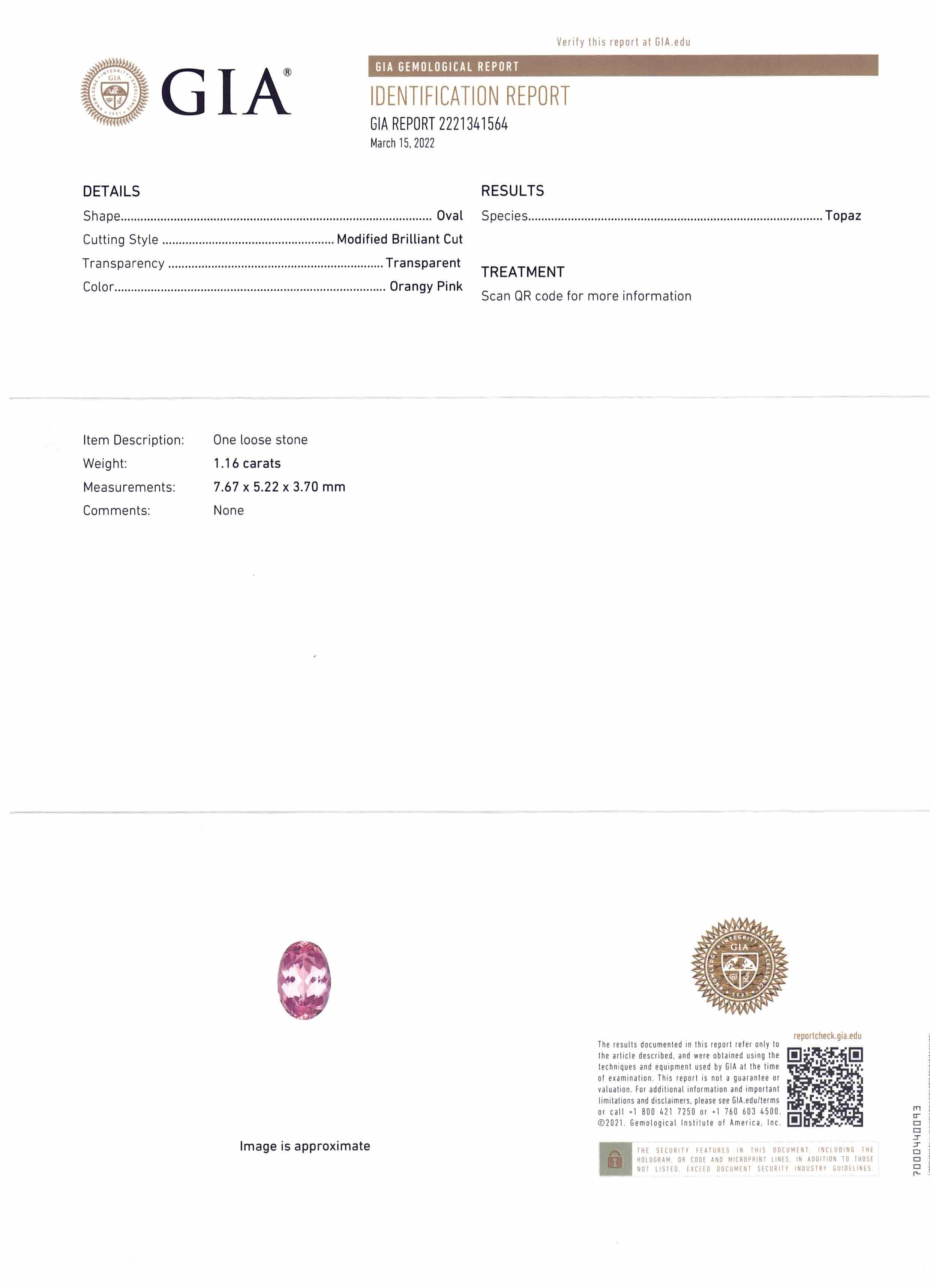 1.16ct Oval Orangy Pink Imperial Topaz from Brazil, GIA Certified Gemstone by SkyJems Canadian Fine Gems