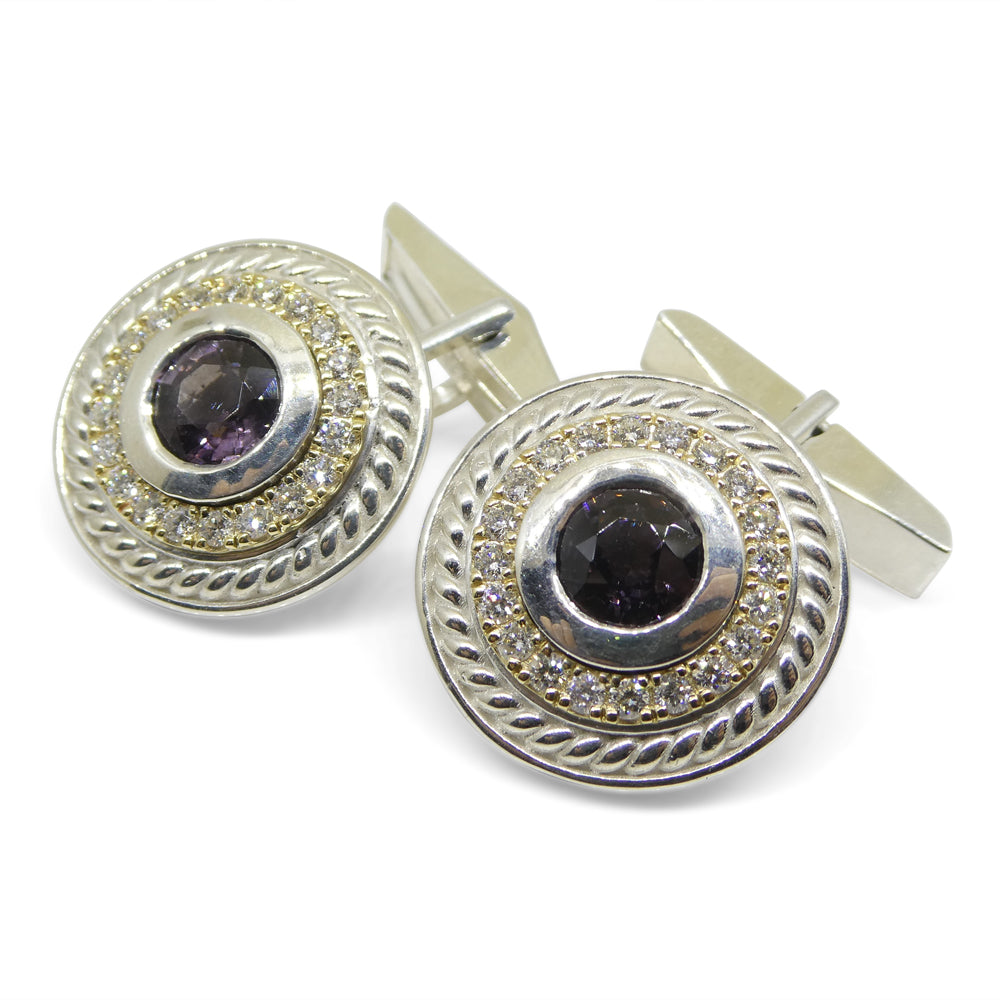 3.42ct Purple Spinel & Diamond Cufflinks set in 925 Sterling Silver and 14kt Yellow Gold - Skyjems Wholesale Gemstones