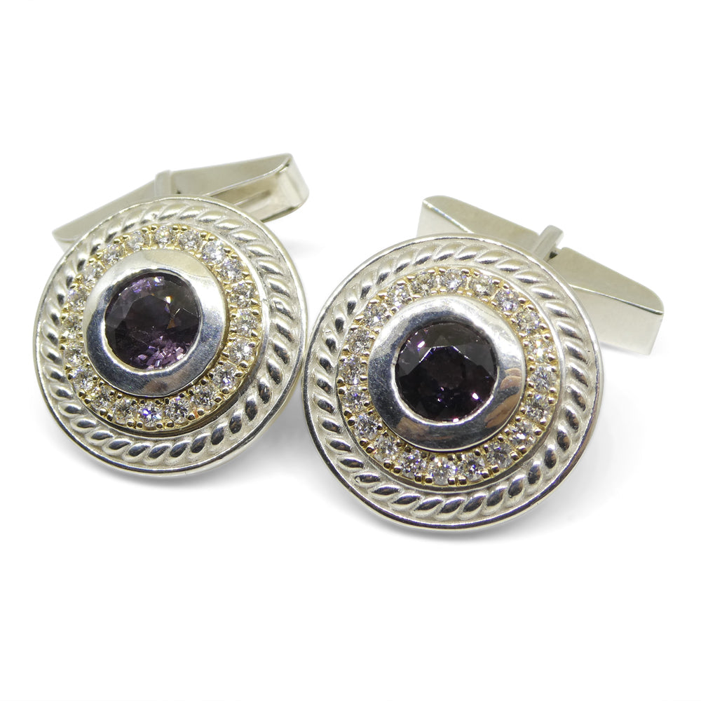 3.42ct Purple Spinel & Diamond Cufflinks set in 925 Sterling Silver and 14kt Yellow Gold - Skyjems Wholesale Gemstones