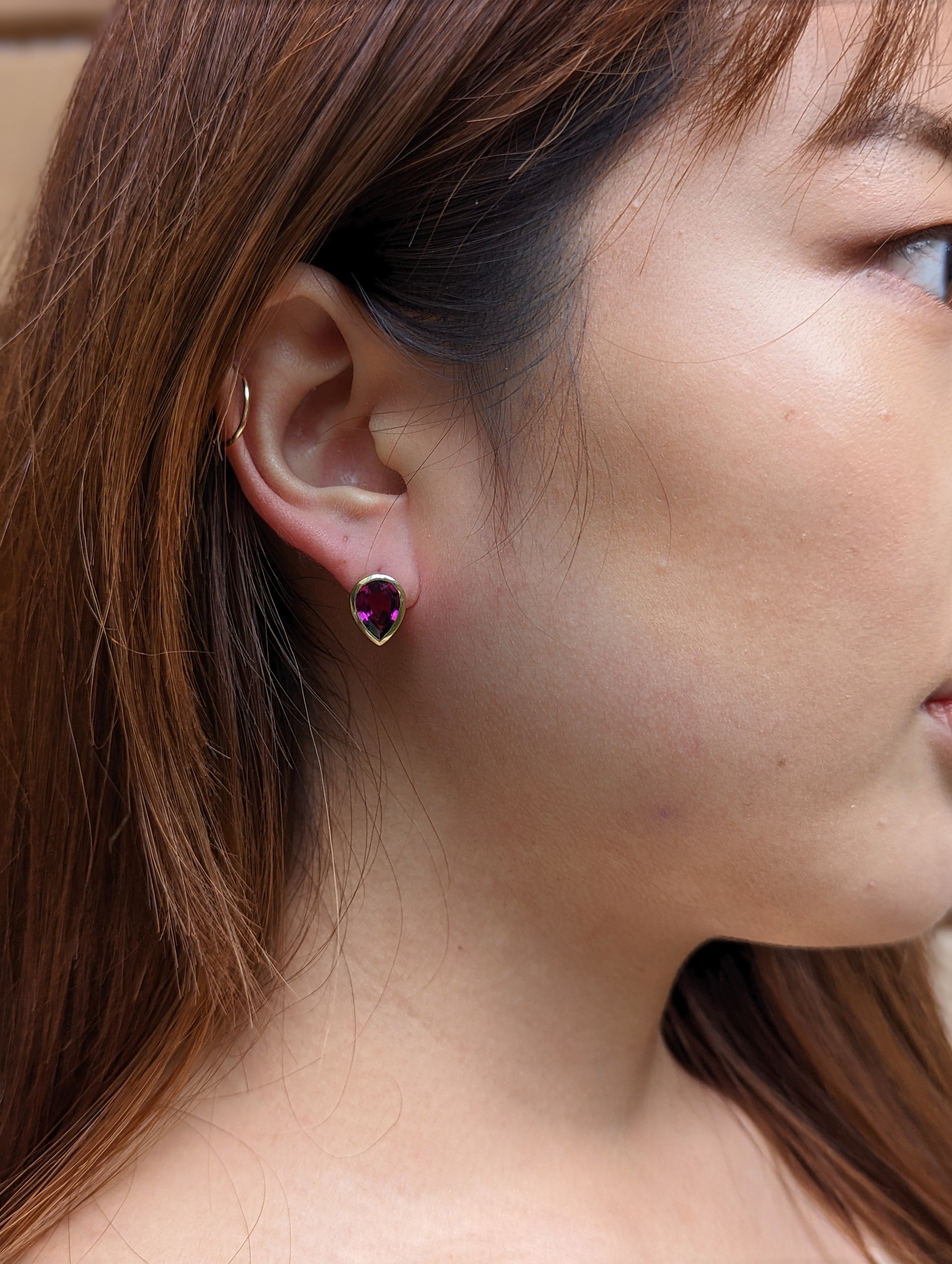 4.66ct Pear Rhodolite Garnet Stud Earrings set in 14k Yellow Gold - Skyjems Wholesale Gemstones