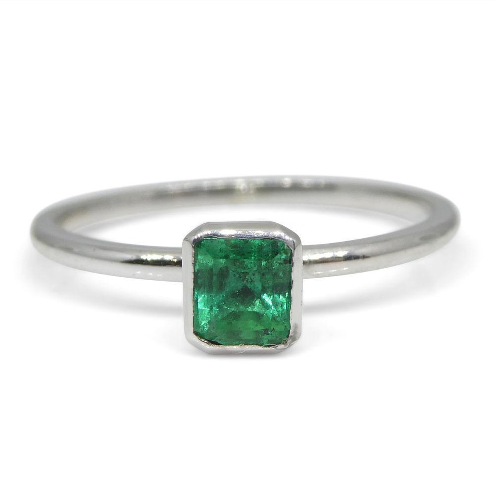 Dainty Colombian emerald stacker ring in 10kt white gold, octagon-cut green gemstone by SkyJems Canadian jewellers