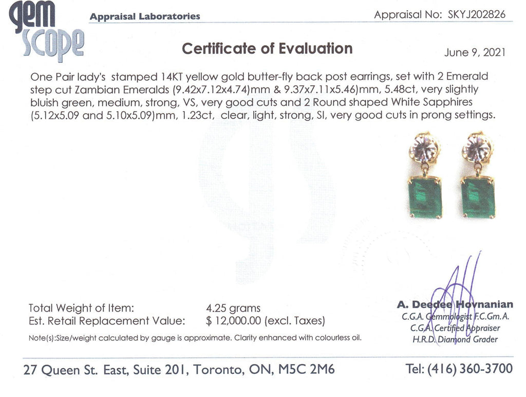 5.48ct Emerald & White Sapphire Earrings set in 14k Yellow Gold