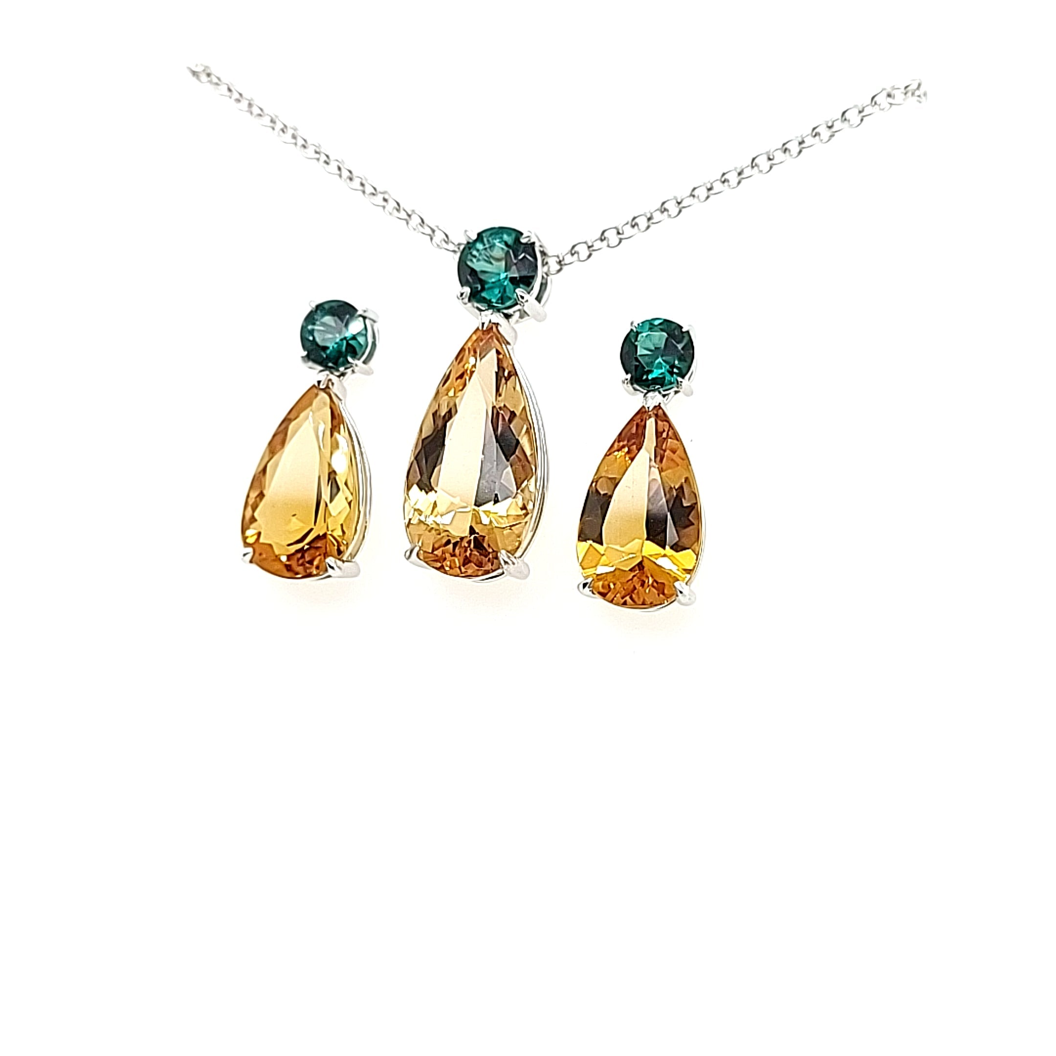 14.05ct Heliodor and Indicolite Tourmaline Earrings and Pendant set in 14kt White Gold with Certificate - Skyjems Wholesale Gemstones
