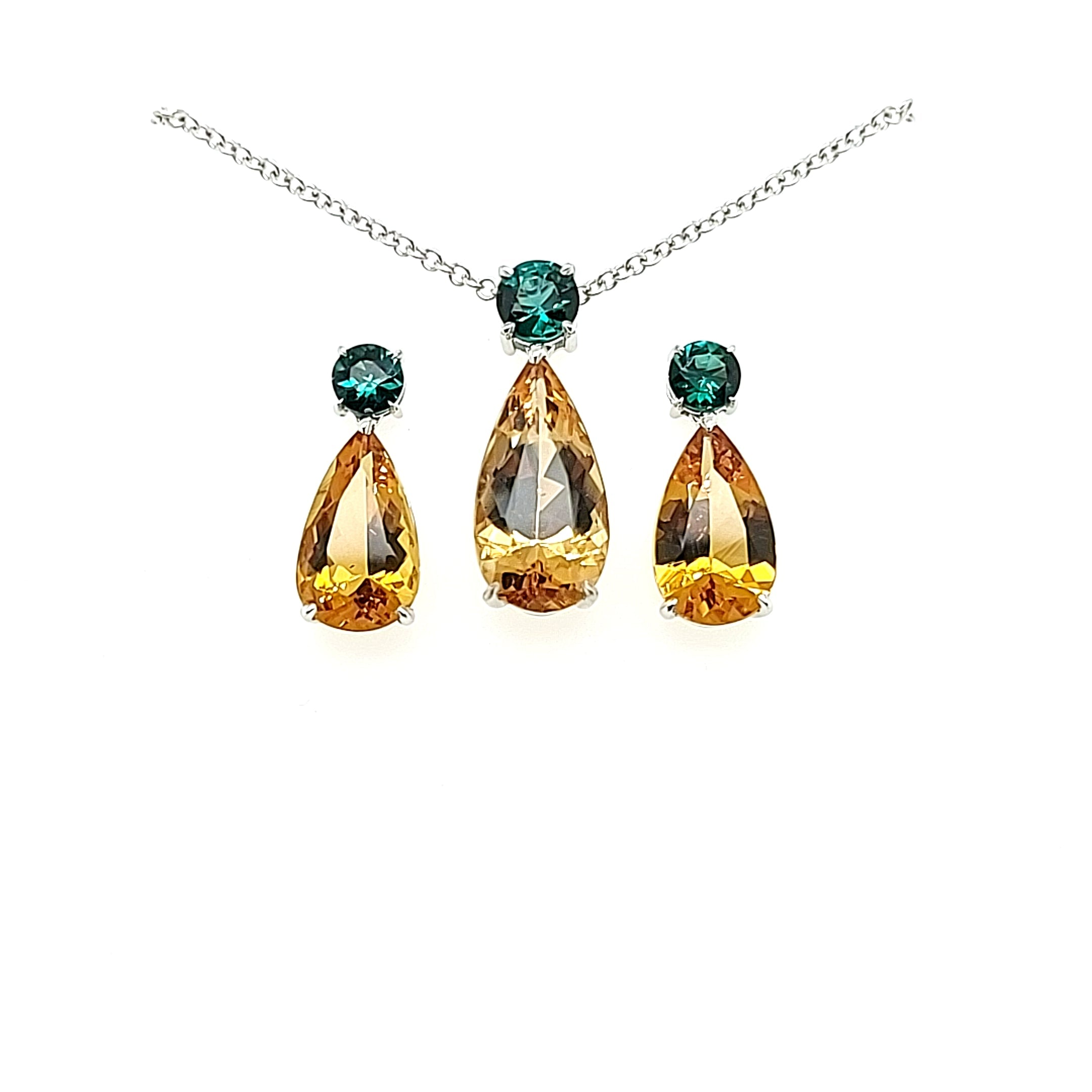 14.05ct Heliodor and Indicolite Tourmaline Earrings and Pendant set in 14kt White Gold with Certificate - Skyjems Wholesale Gemstones