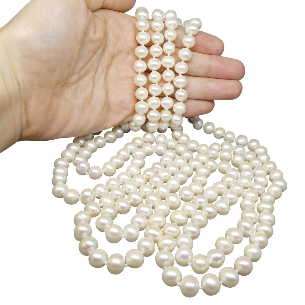 8-9mm White Freshwater Pearl Necklace 2.5x Opera Length - Skyjems Wholesale Gemstones