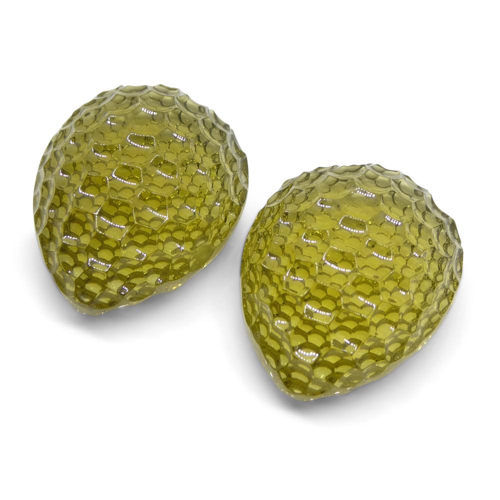 SkyJems Lemon Citrine Pear Fantasy Cut Pair from Brazil, 46.63 carats of vibrant yellow gemstone elegance