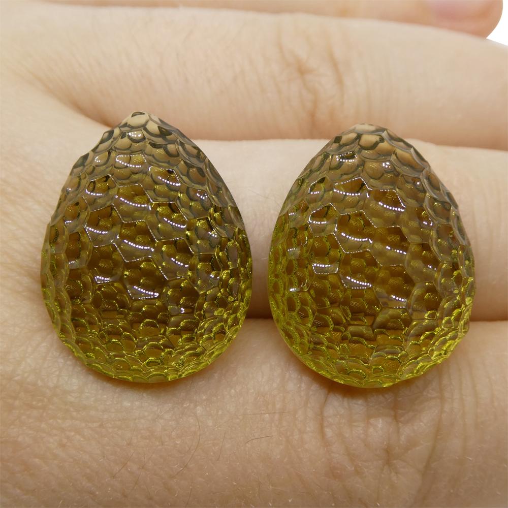 SkyJems 46.63ct Brazilian Lemon Citrine Pear Fantasy Cut Pair, vibrant yellow gemstones for collectors and jewelry design