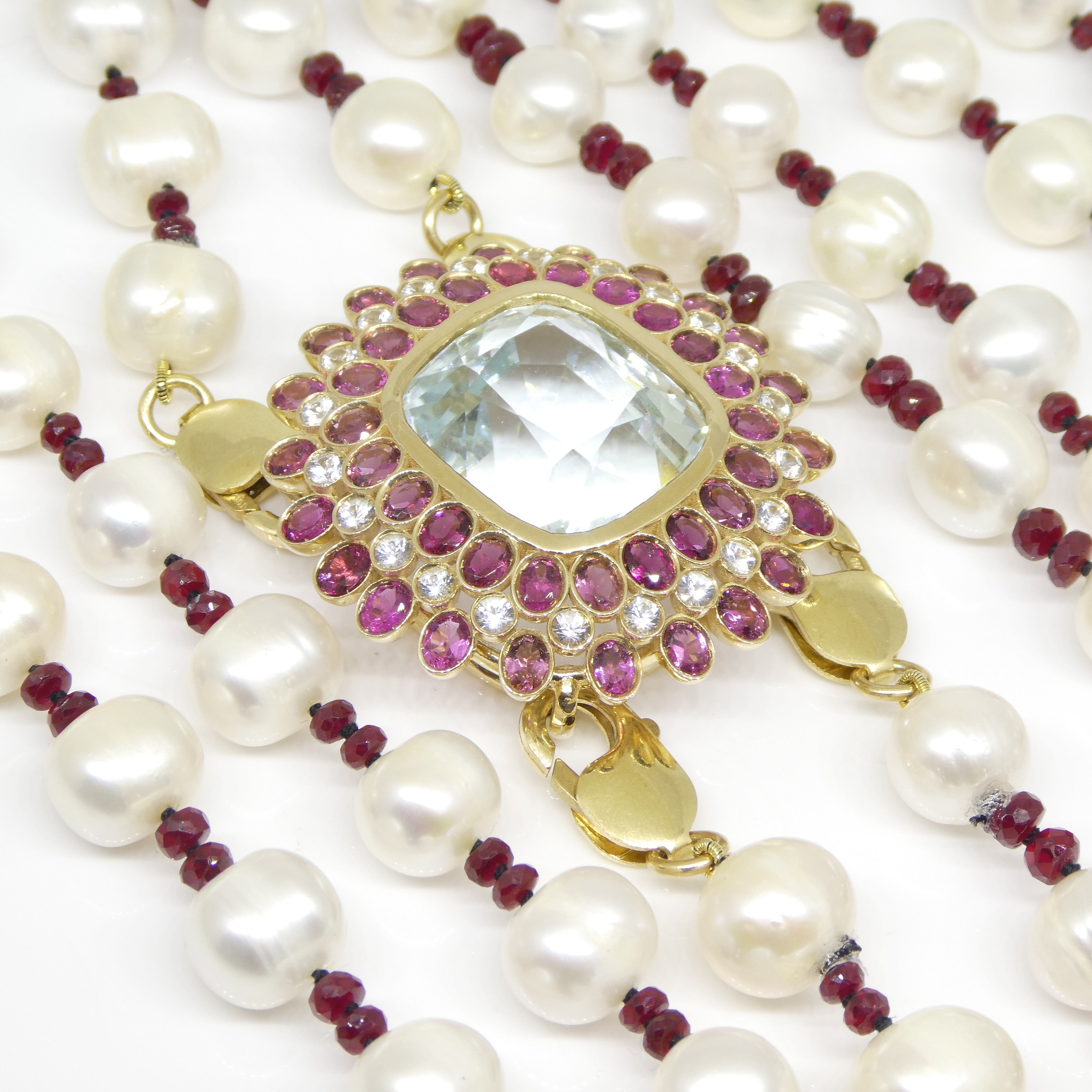 43ct Aquamarine, Pink Tourmaline, Sapphire, Pearl and Ruby Body Chain set in 10k Yellow Gold - Skyjems Wholesale Gemstones