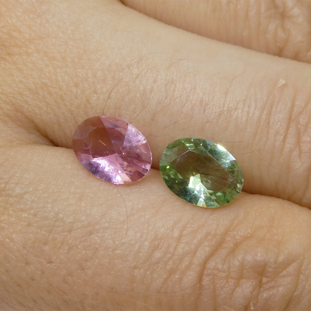 SkyJems 2.7ct Oval Pink and Green Brazilian Tourmaline Matched Pair, Rare Collector Gemstone
