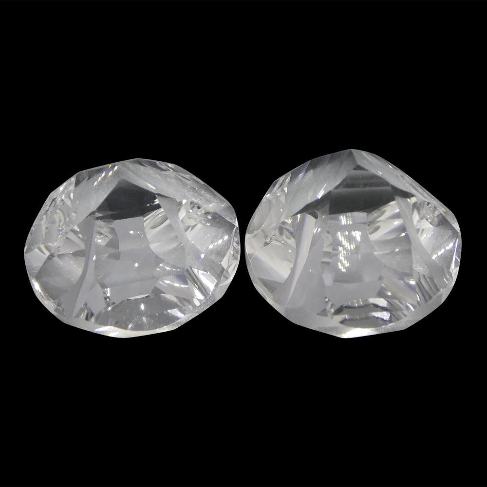 SkyJems 23.38ct Round White Quartz Fantasy Cut Pair from Brazil, pristine clear gemstone matching stones for jewelry design