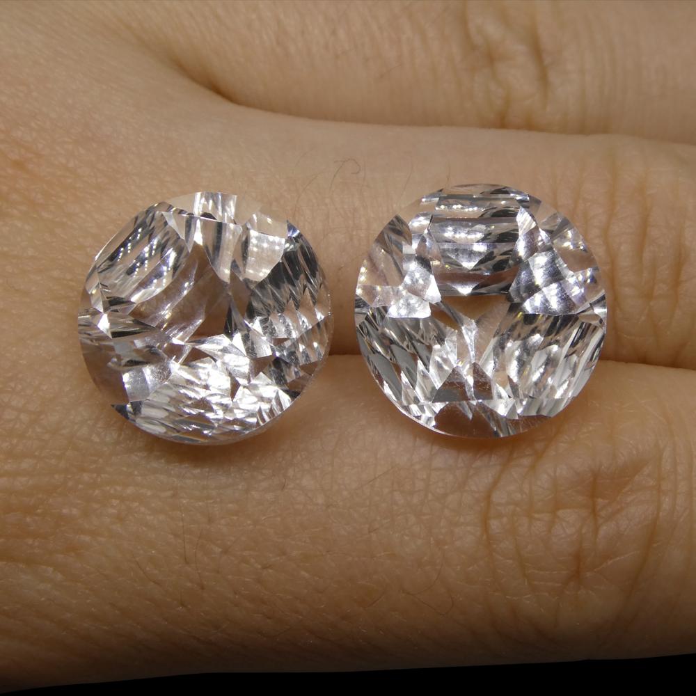 SkyJems 23.38ct Round White Quartz Fantasy Cut Pair from Brazil, pristine colorless gemstone matching set