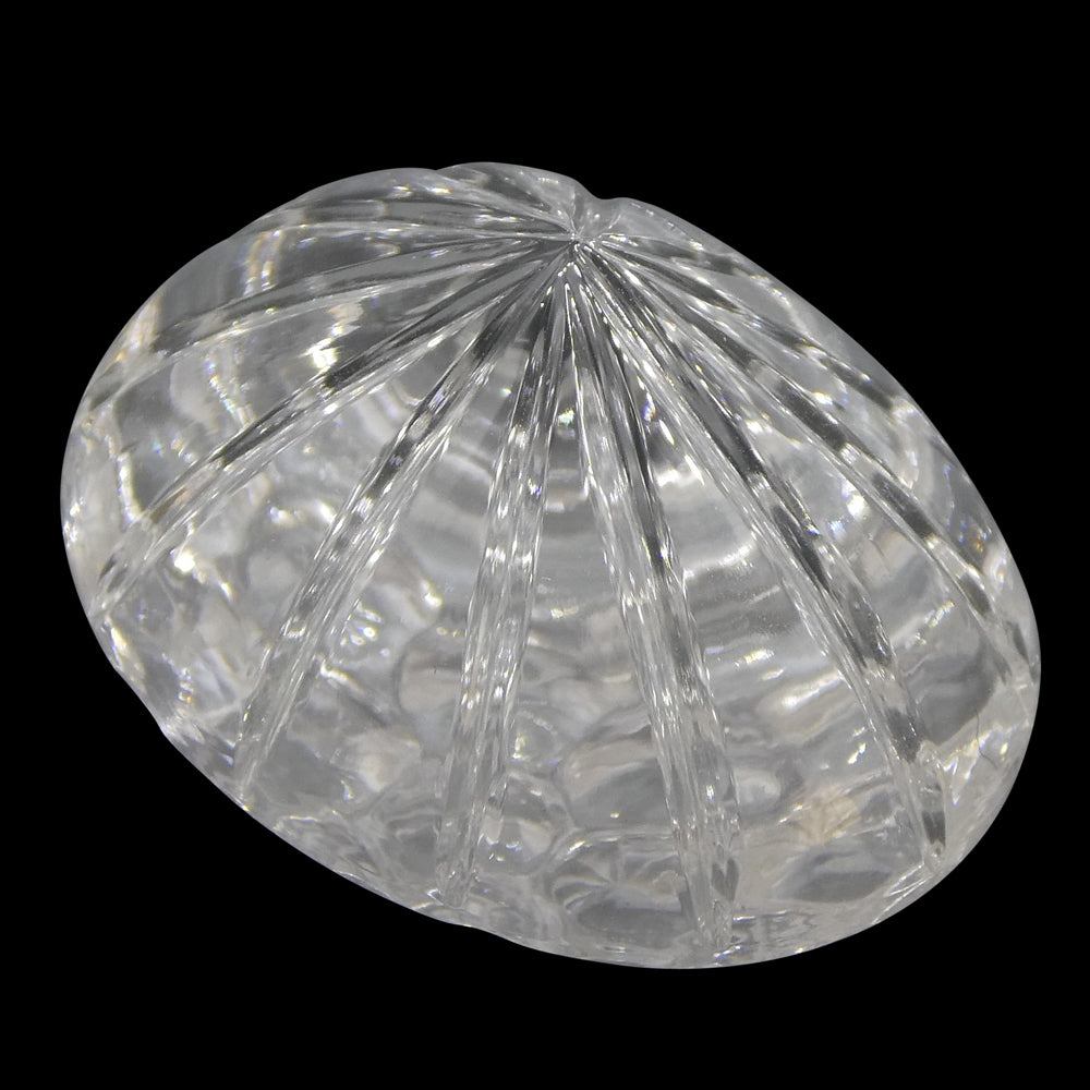 43.15 carat Brazilian white quartz oval fantasy cut gemstone from SkyJems, premium clear rock crystal with elegant carved des
