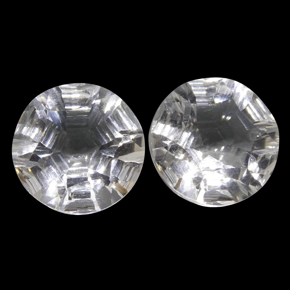 SkyJems 18.44ct Round White Quartz Fantasy Cut Gemstone Pair from Brazil, Clear Rock Crystal Loose Stones