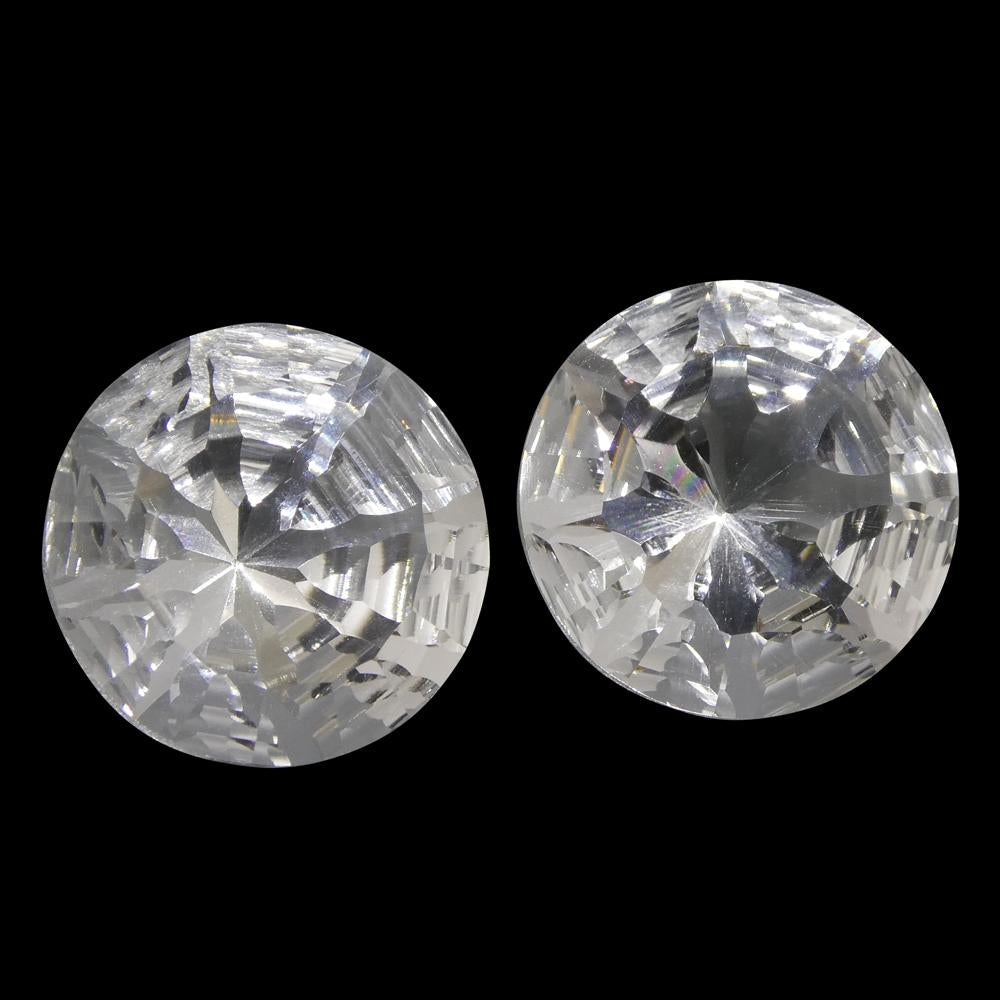 SkyJems 14.56ct Round White Quartz Fantasy Cut Pair from Brazil, clear gemstone for jewelry design and collectors