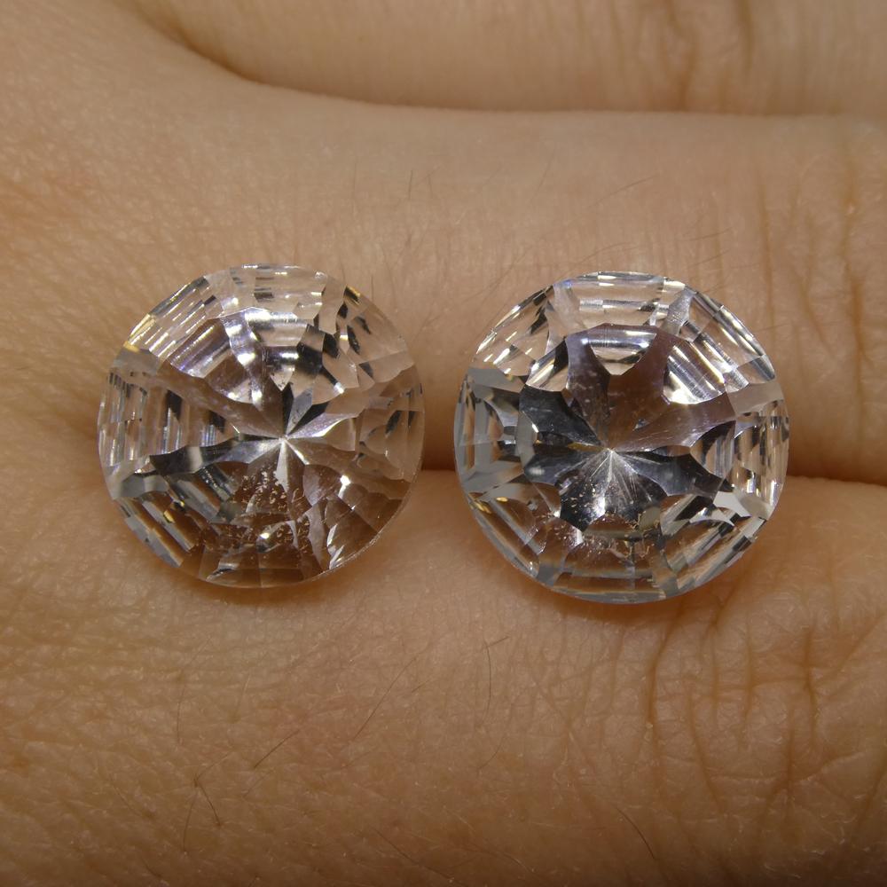 SkyJems 14.56ct Round White Quartz Fantasy Cut Pair from Brazil, clear gemstone for jewelry design and collectors