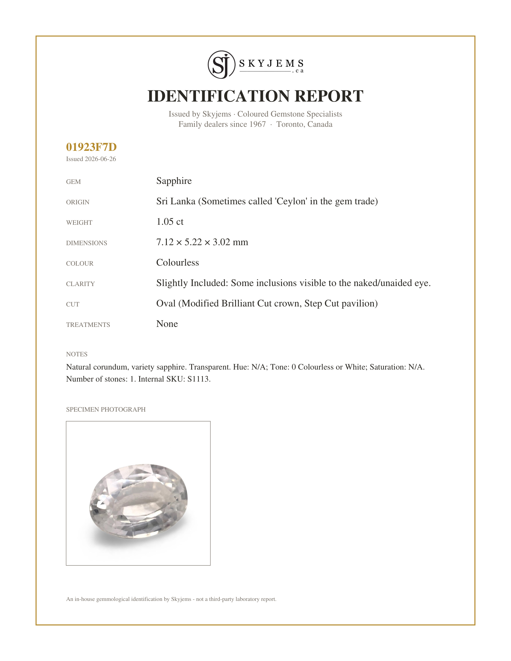 Skyjems Identification Report for S1113 — 1.05ct Oval White Sapphire from Sri Lanka Unheated