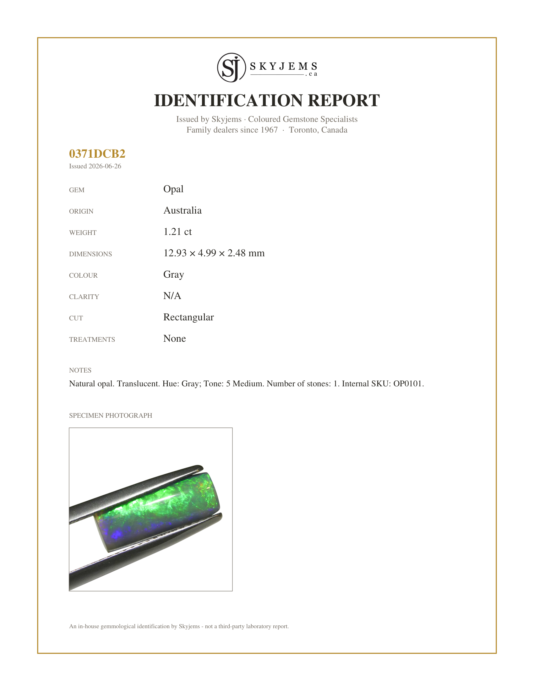 Skyjems Identification Report for OP0101 — 1.21ct Rectangular Cabochon Gray Opal from Australia
