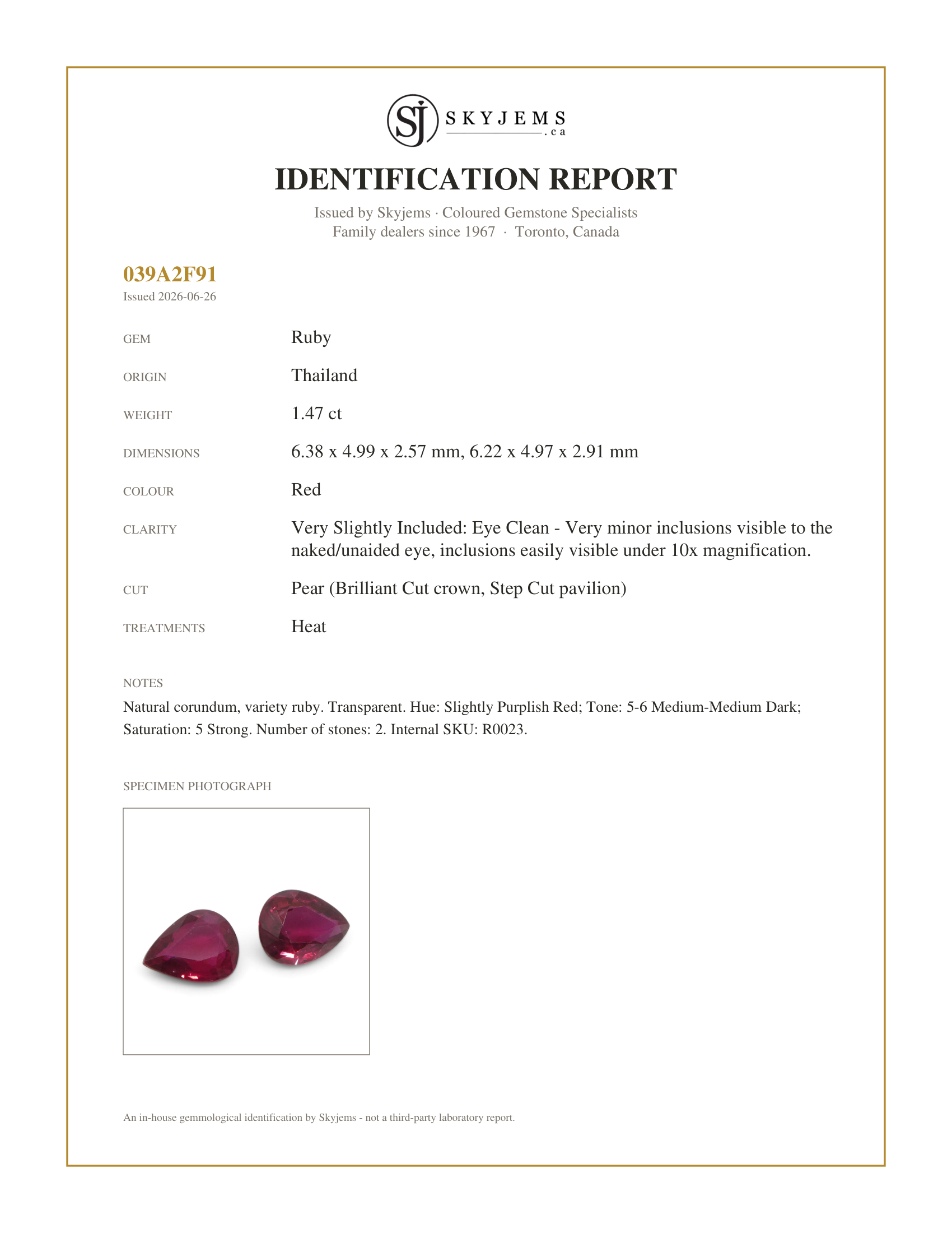 Skyjems Identification Report for R0023 — 1.47ct Pear Red Ruby from Thailand Pair