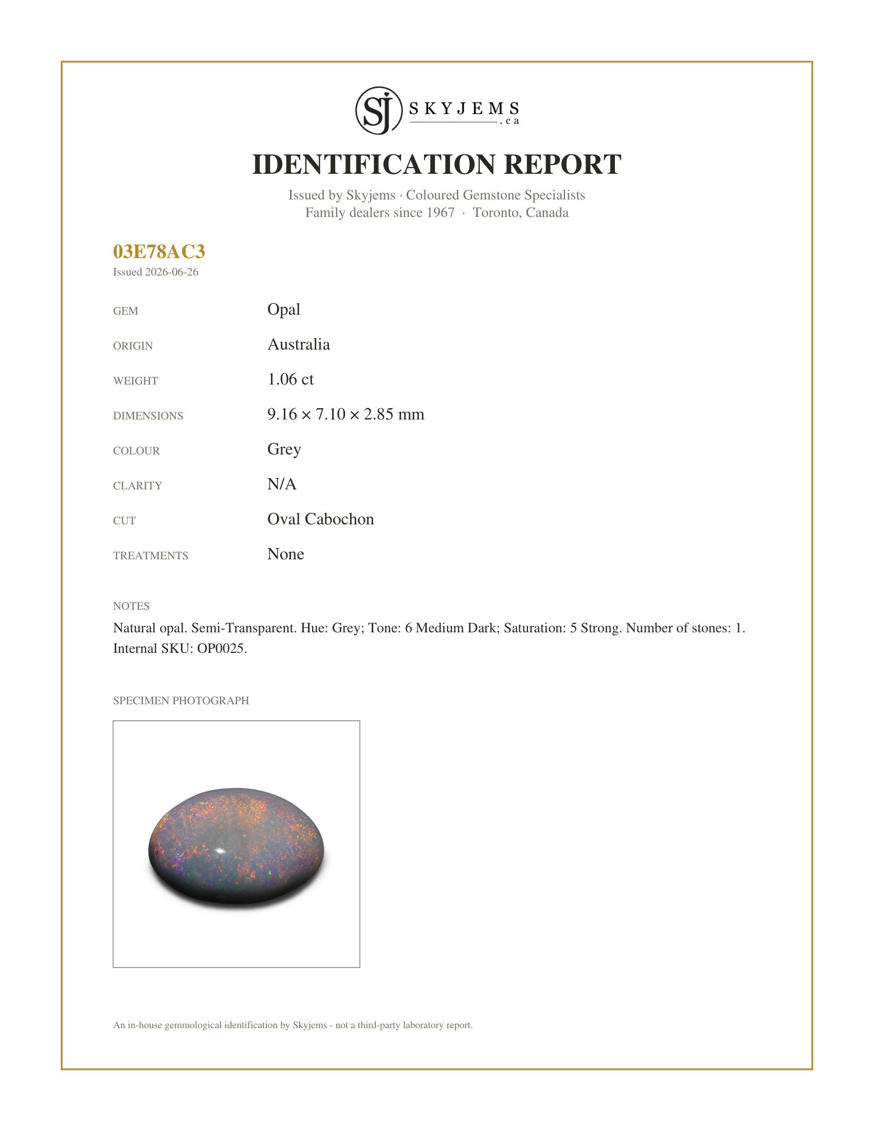 Skyjems Identification Report for OP0025 — 1.06ct Oval Cabochon Grey Opal from Australia