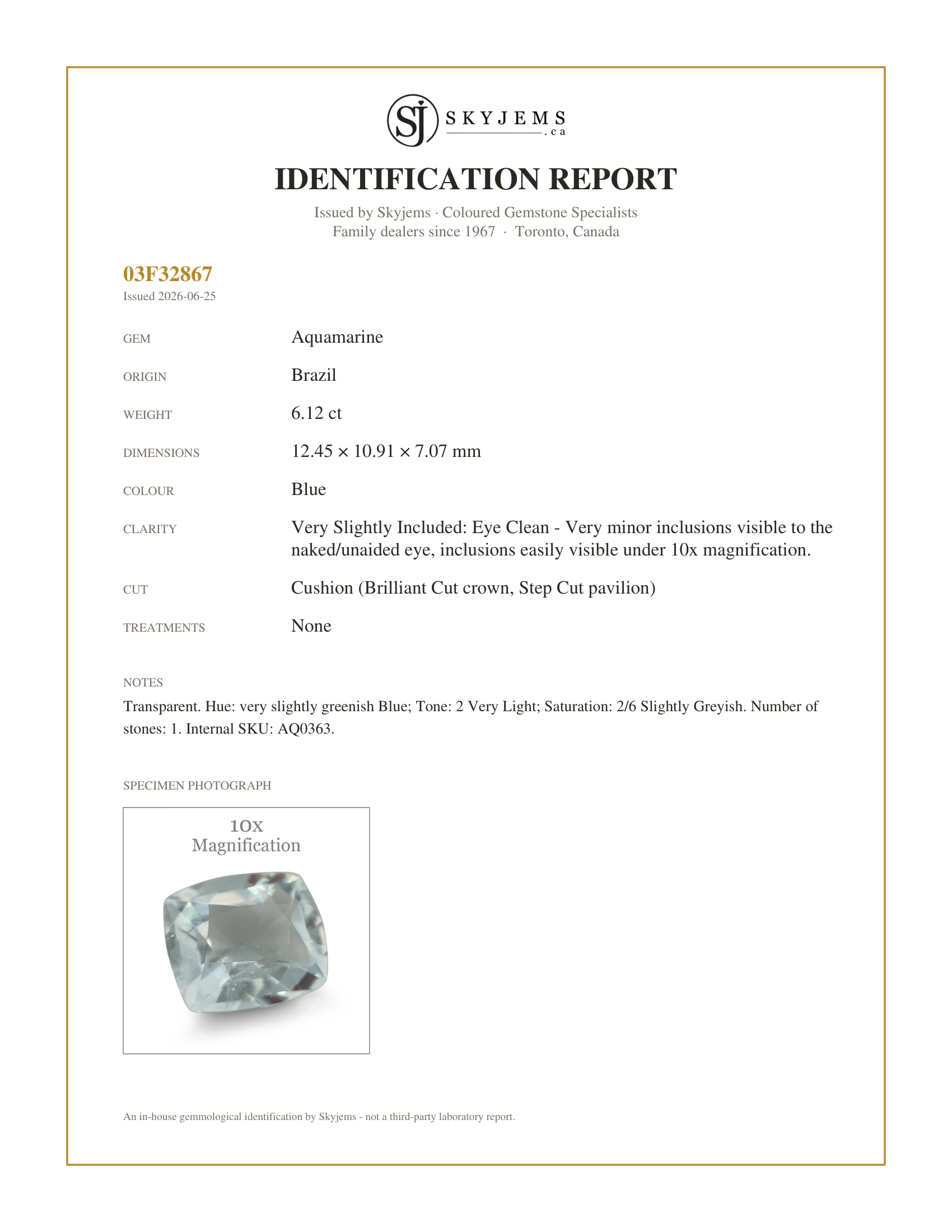 Skyjems Identification Report for AQ0363 — 6.12ct Cushion Aquamarine
